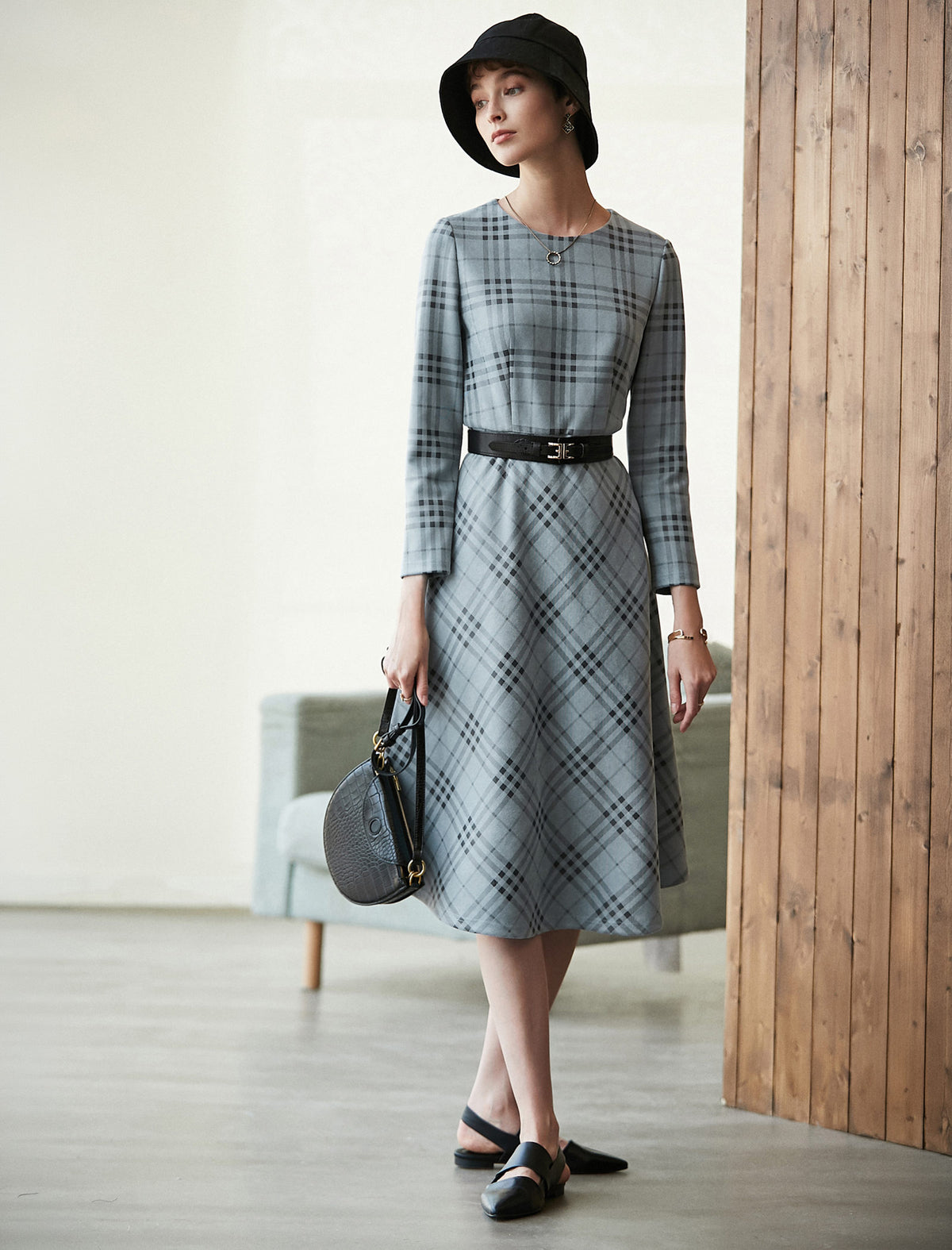 Plaid Crewneck Belted Midi Dress