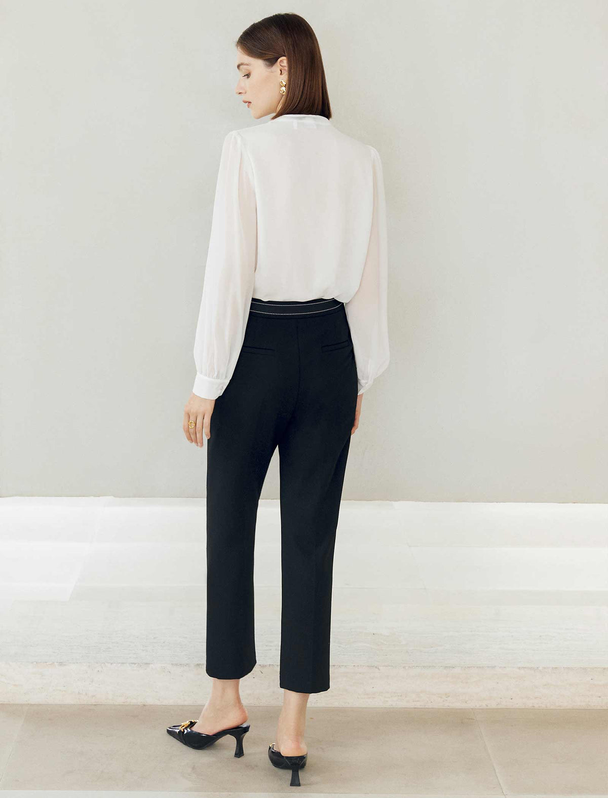 White Ruched Tie-Neck Blouse