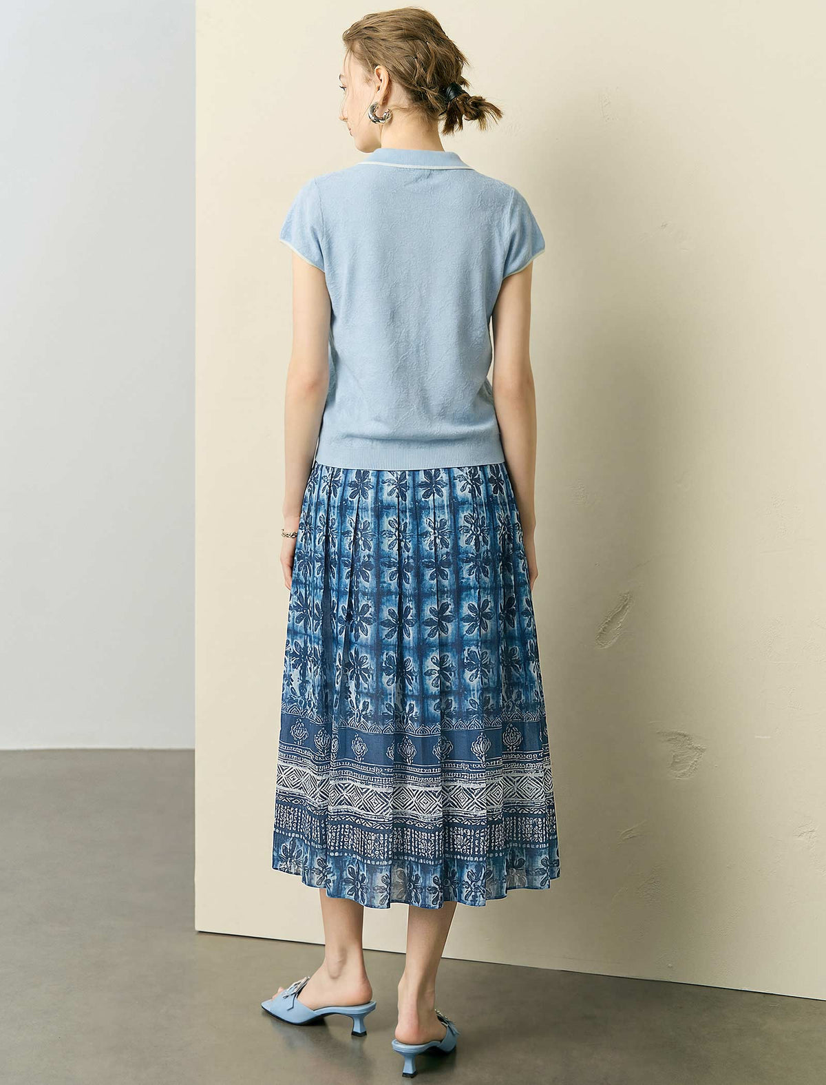 Indigo Blue Printed Pleated Midi Skirt