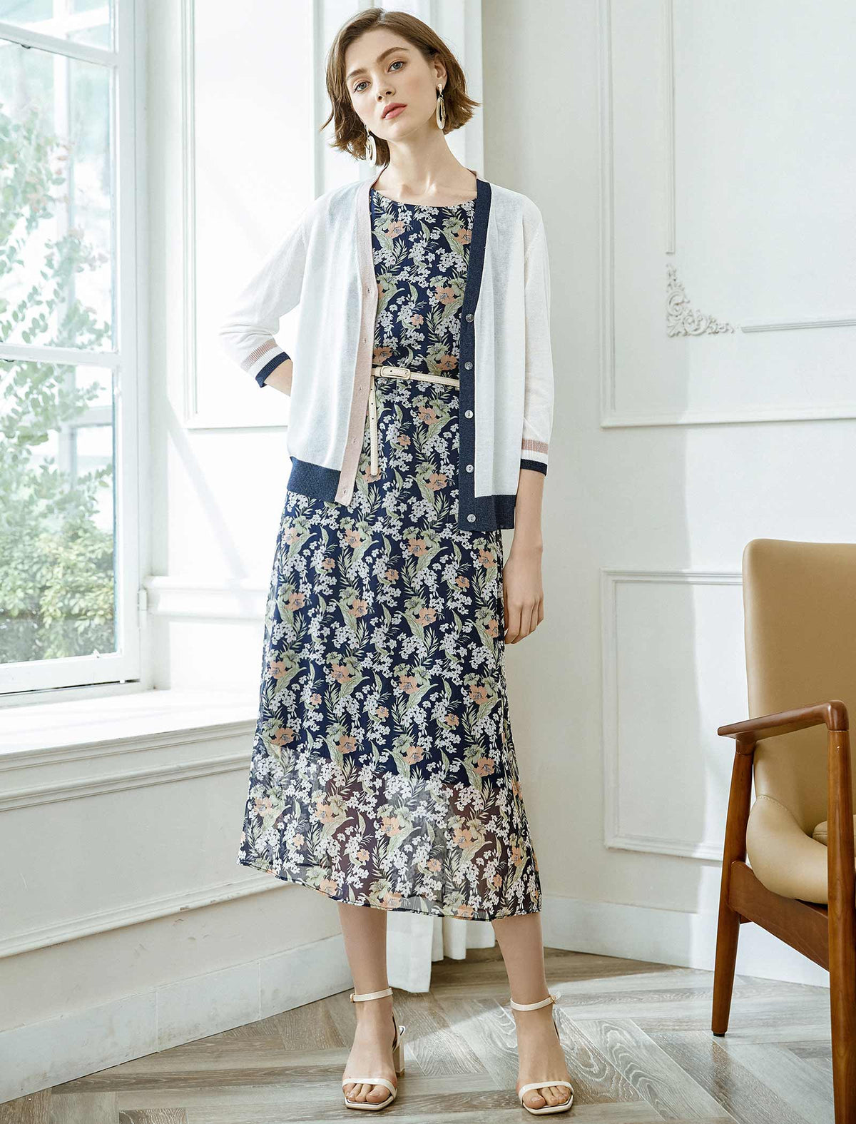 Chiffon Tie-Waist Floral Sleeveless Dress