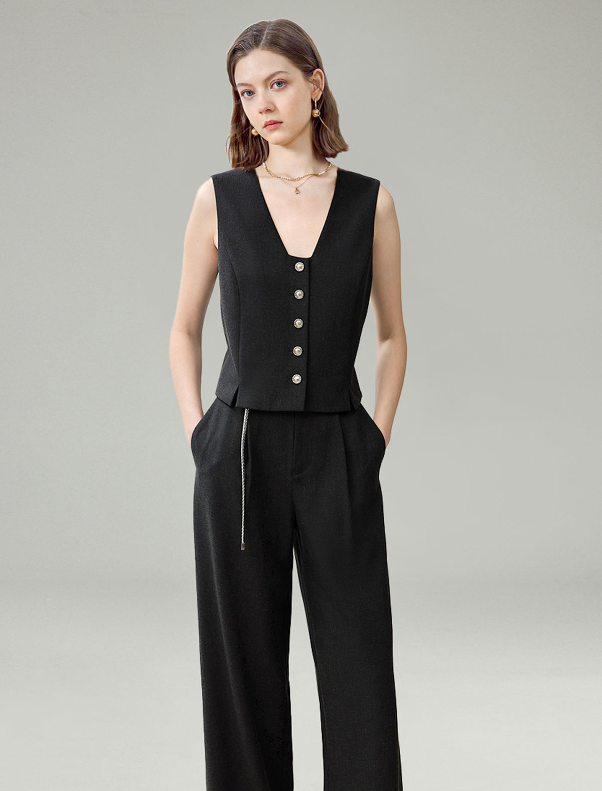 Linen Blend Wide-Leg Tailored Pants