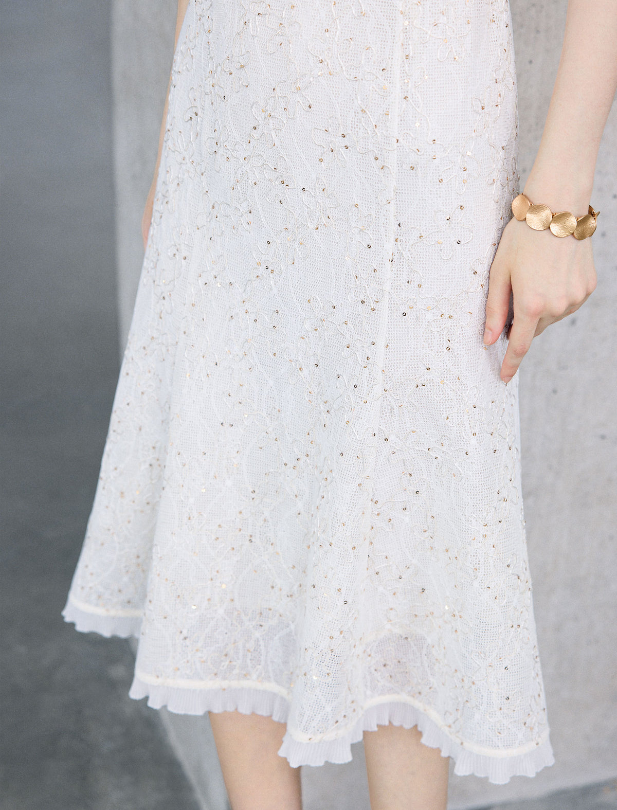 Cream Sequin Lace Sleeveless A-Line Midi Dress