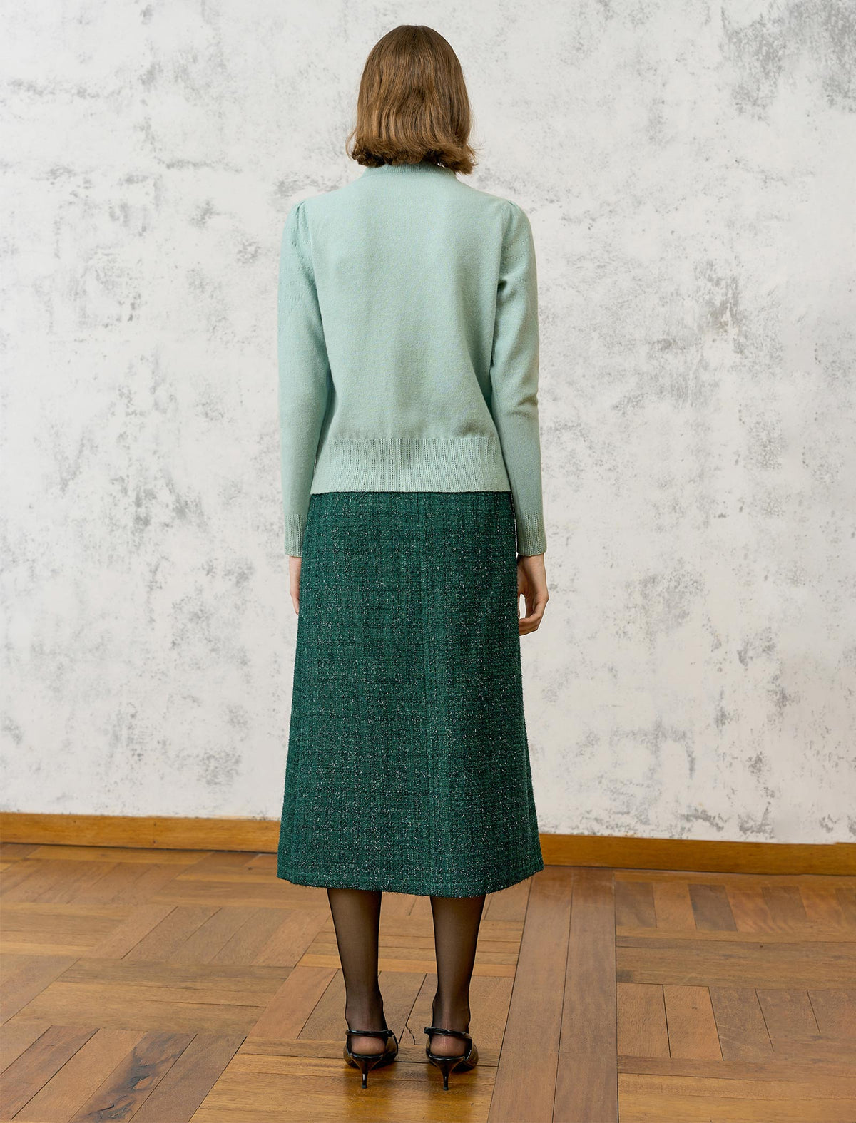 Wool Blend Eyelet Scalloped Stand-Collar Knit Top