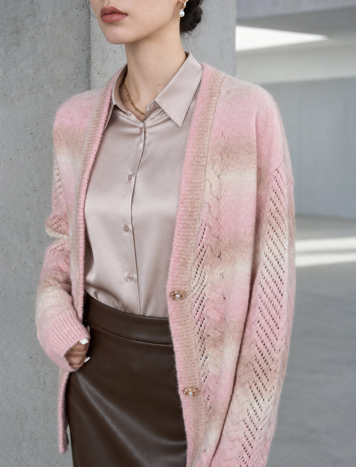 Gradient V Neck Button Front Knit Cardigan