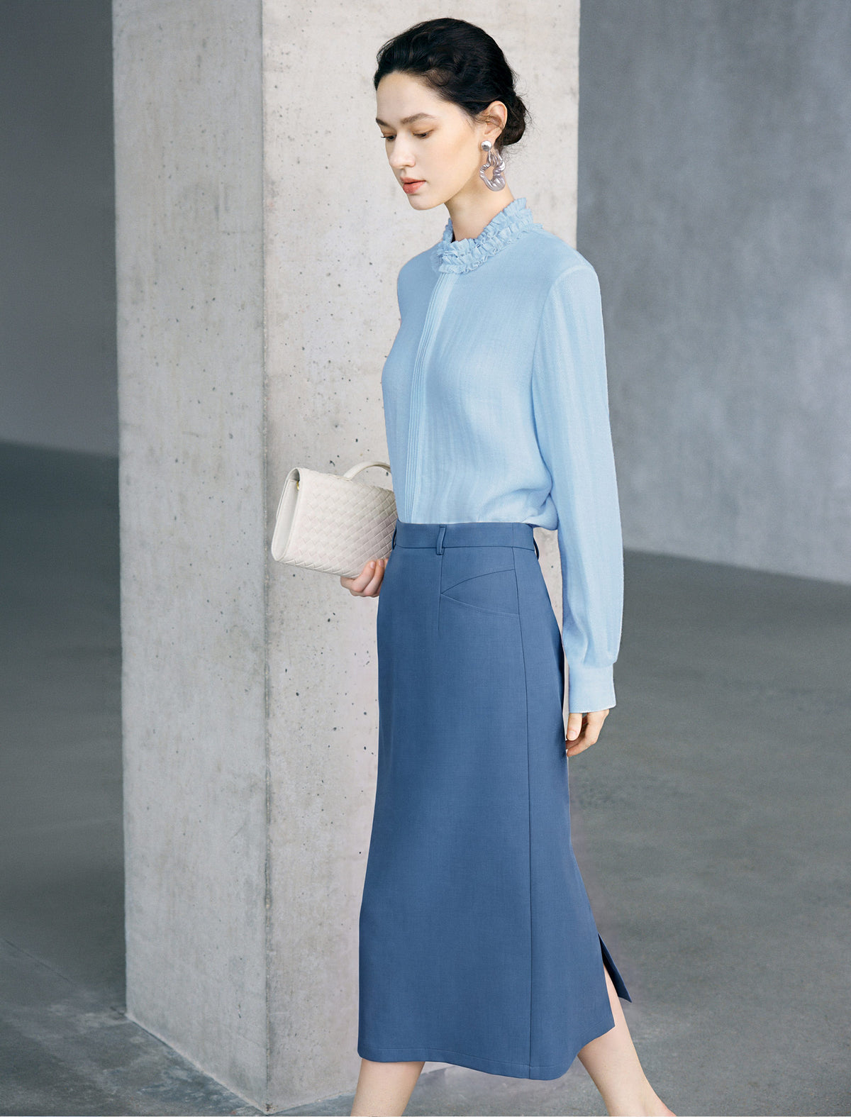 Ruffled Mock Neck Textured Blouse