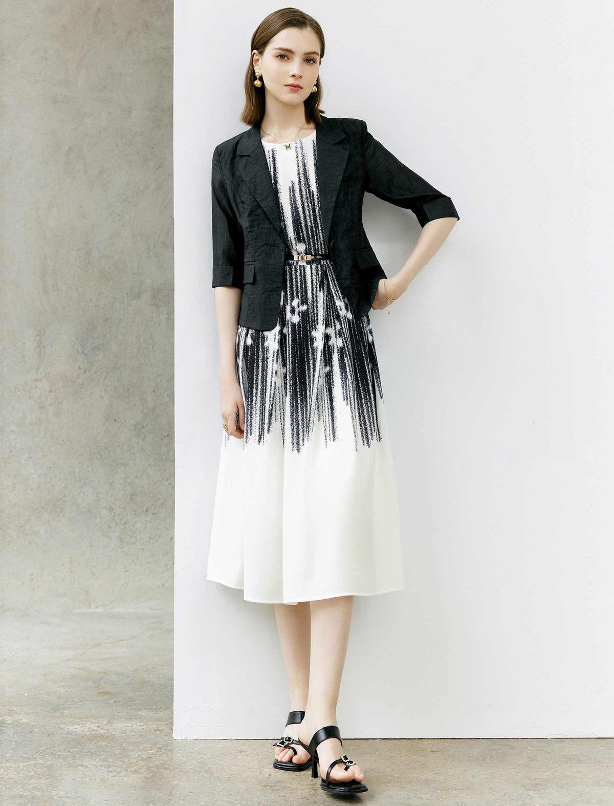 Printed Waist-Cinched Sleeveless Dress