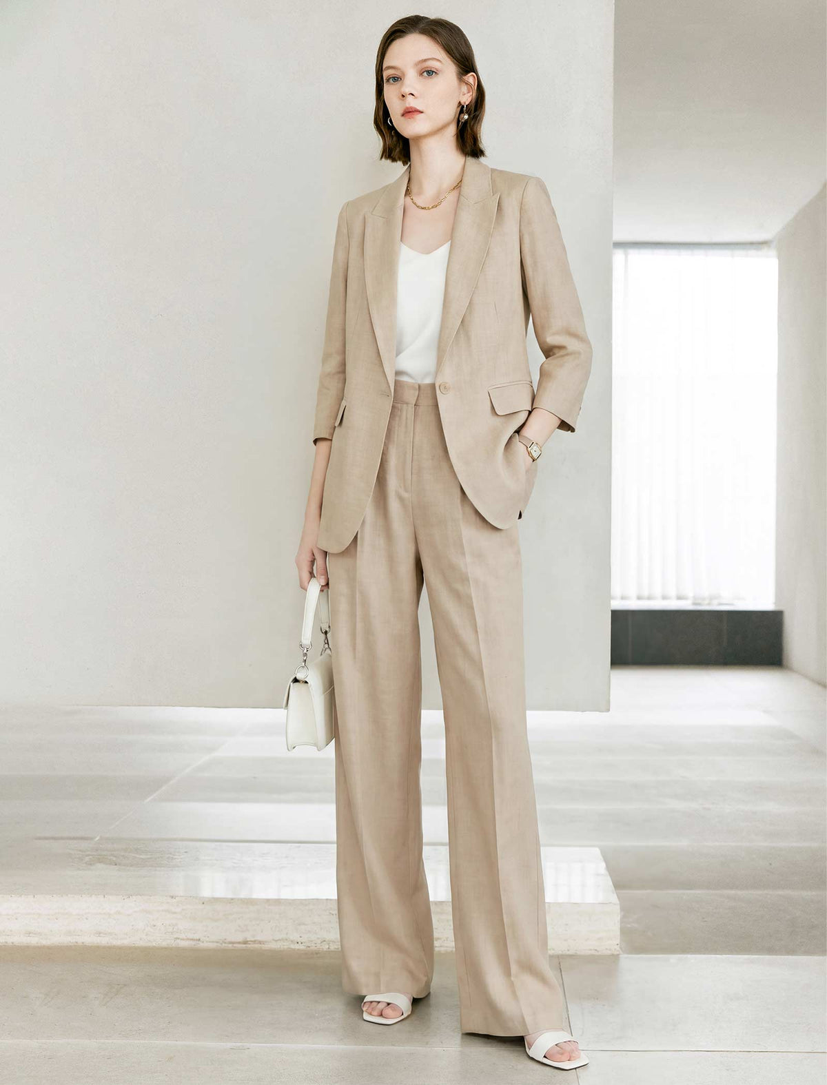Linen Blend High Waisted Wide Leg Pants