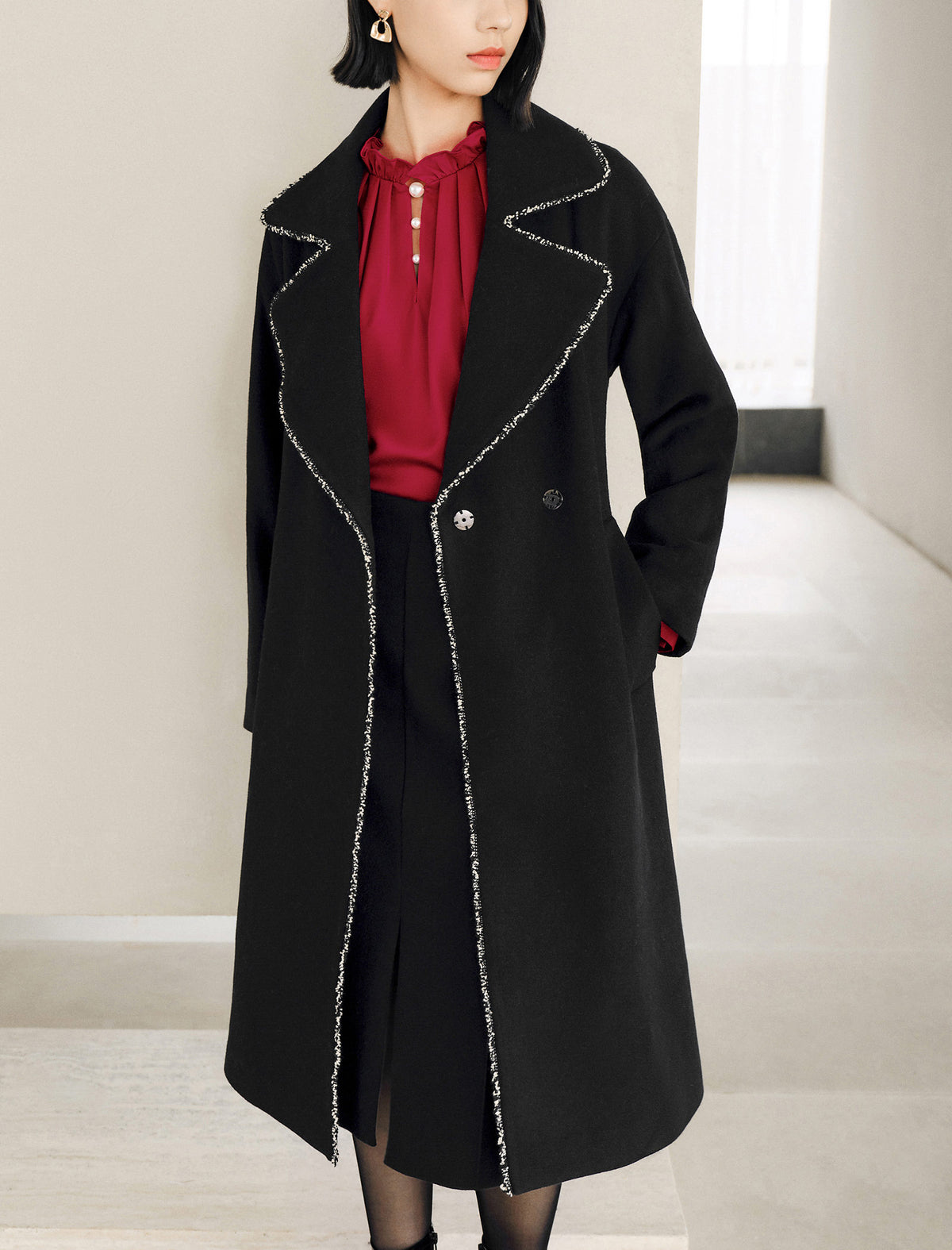 Wool Blend Contrast-Stitch Long Coat