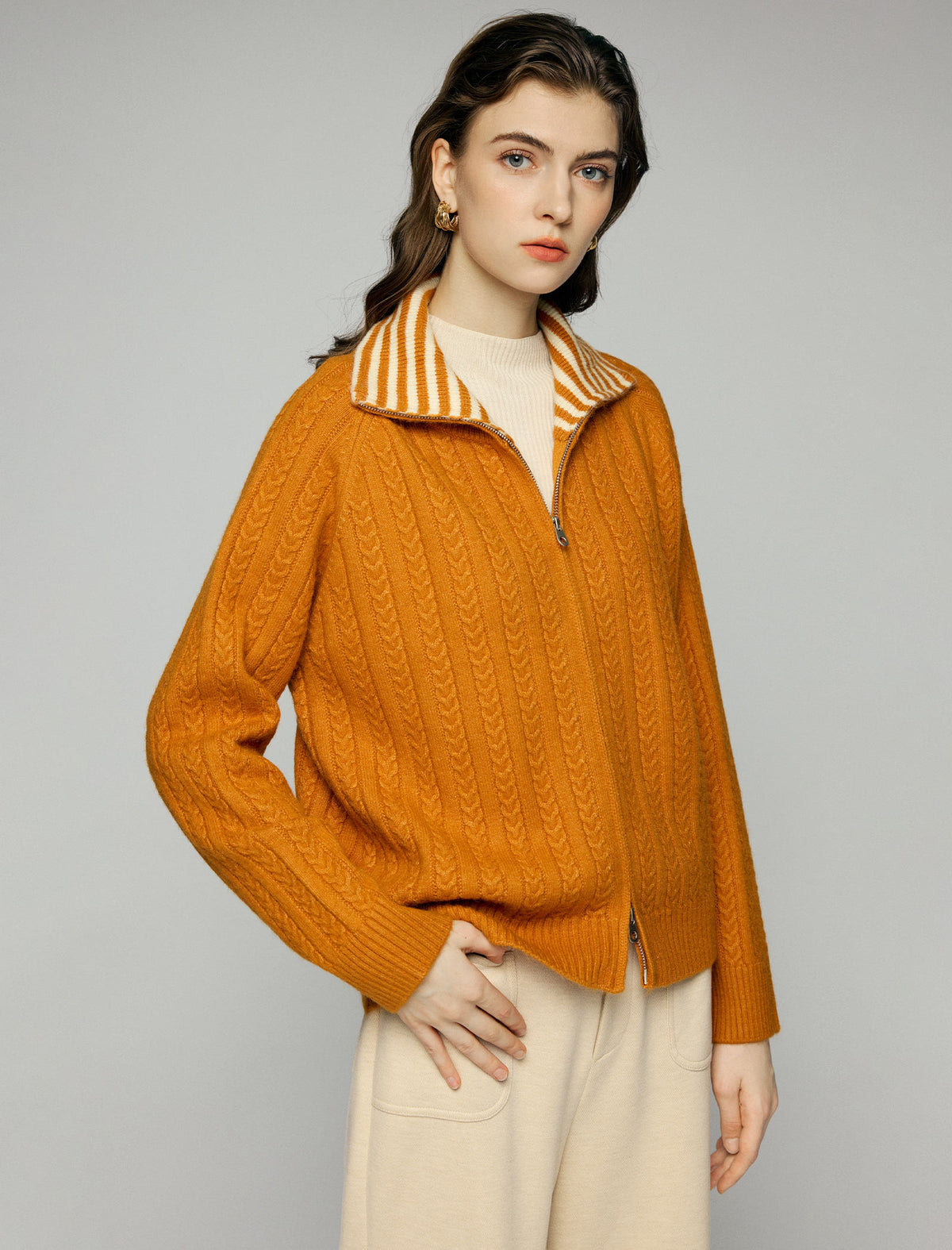 Striped-Collar Cable-Knit Long Sleeve Zip-Front Cardigan