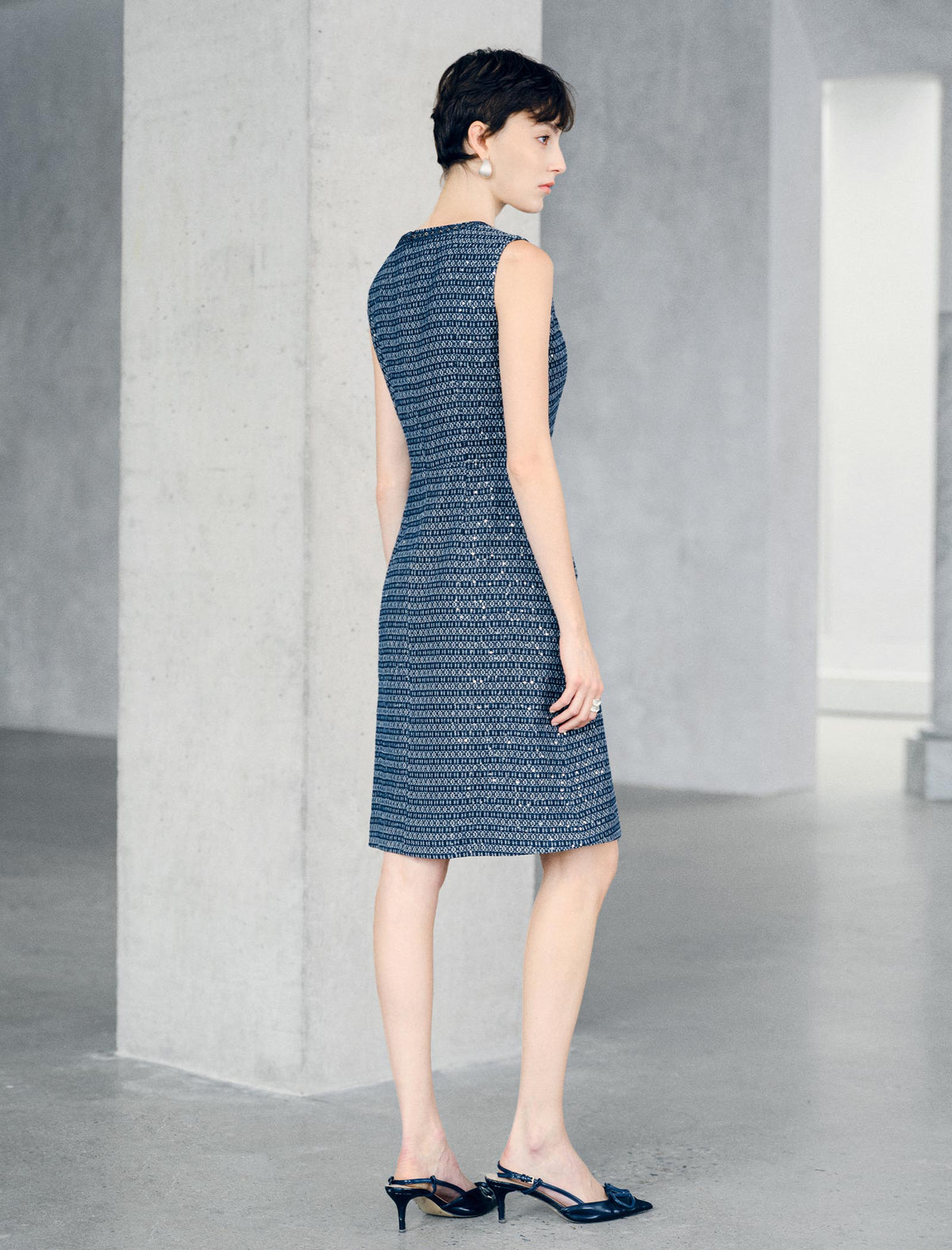 Sleeveless Tweed Midi Sheath Dress