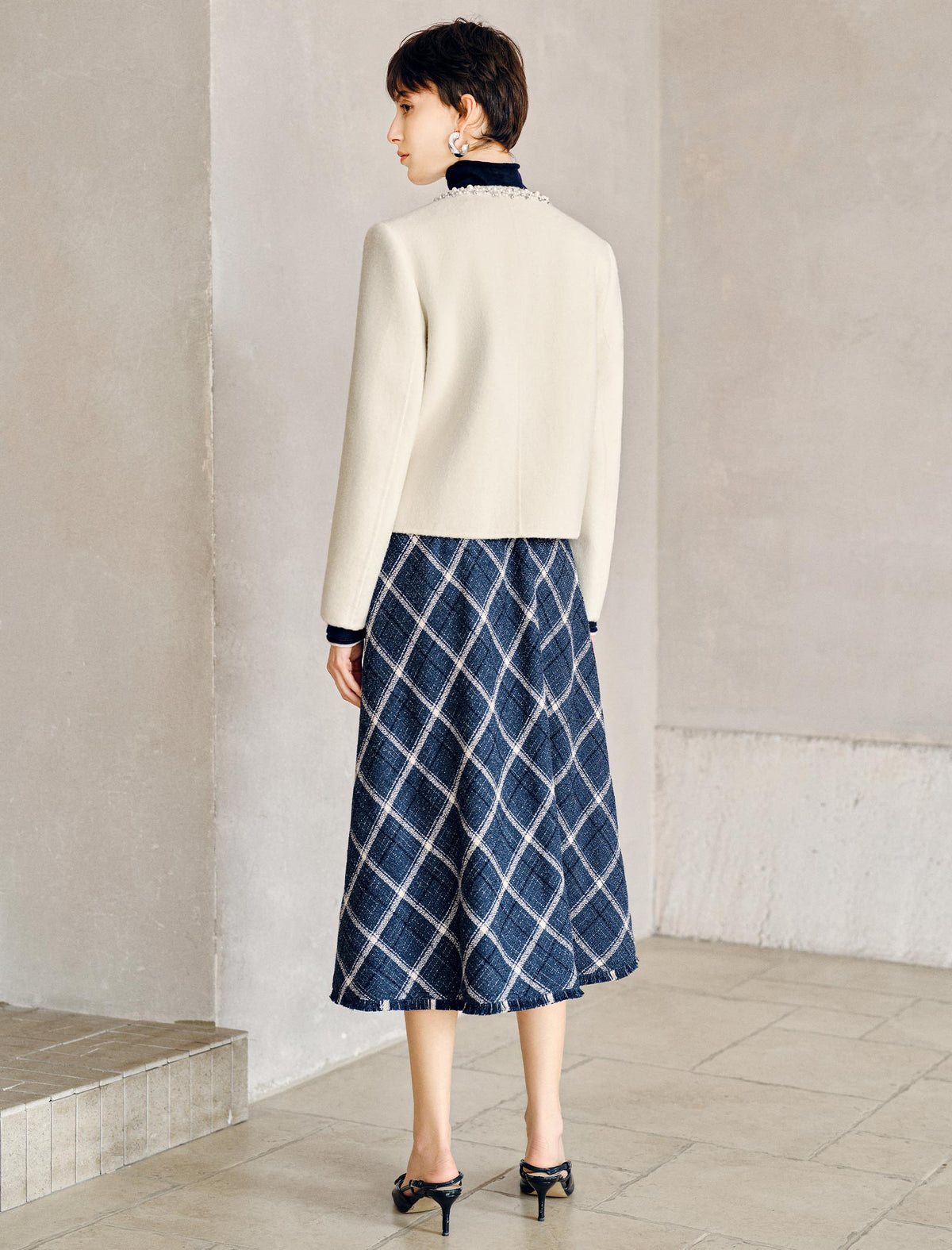 Geometric Plaid with Fringe Hem A Line Midi Skirt