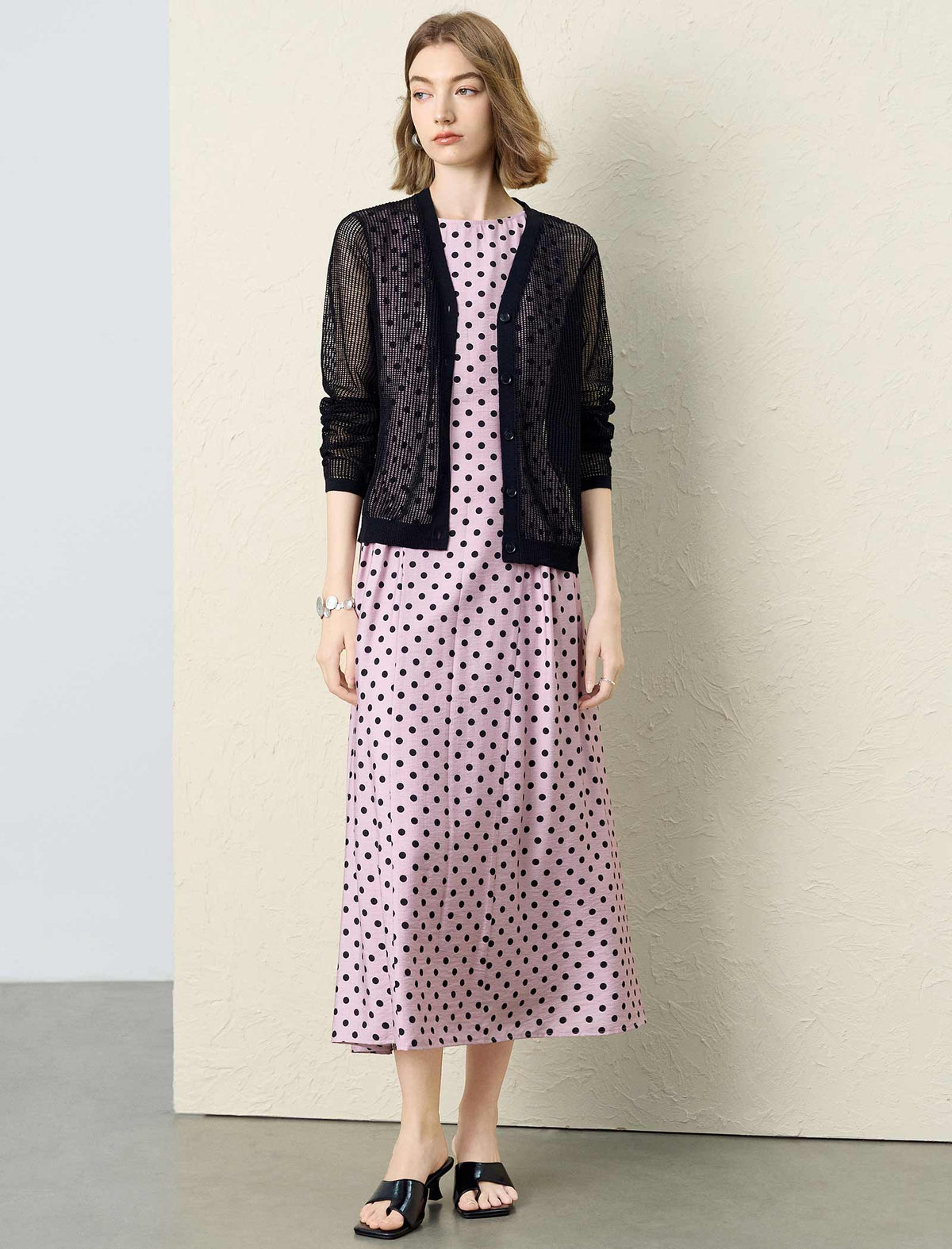 Light Pink Polka Dot Sleeveless Midi Dress