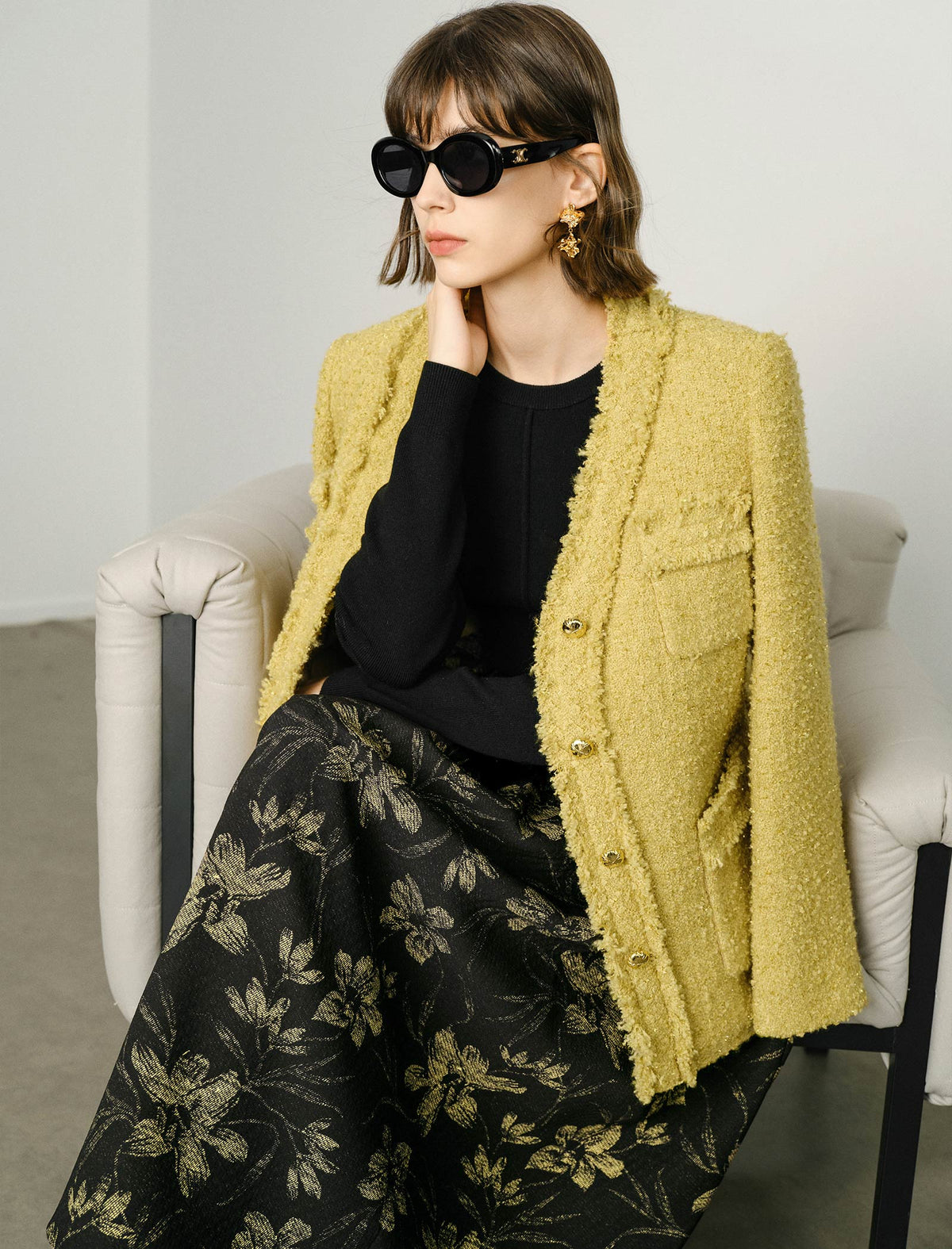 Floral Print Long-Sleeve Mixed-Media Midi Dress