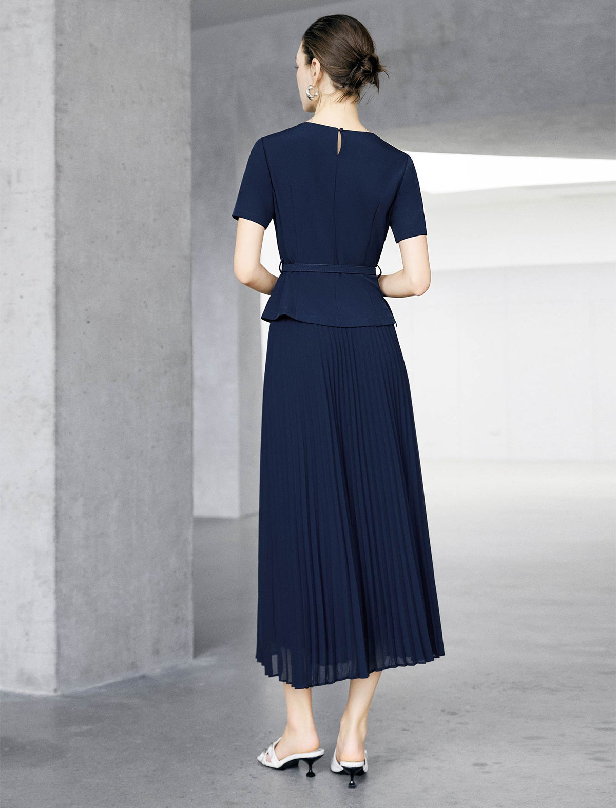 Navy Solid Pleated Midi Skirt