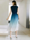 Gradient Blue Pleated Sleeveless Midi Dress