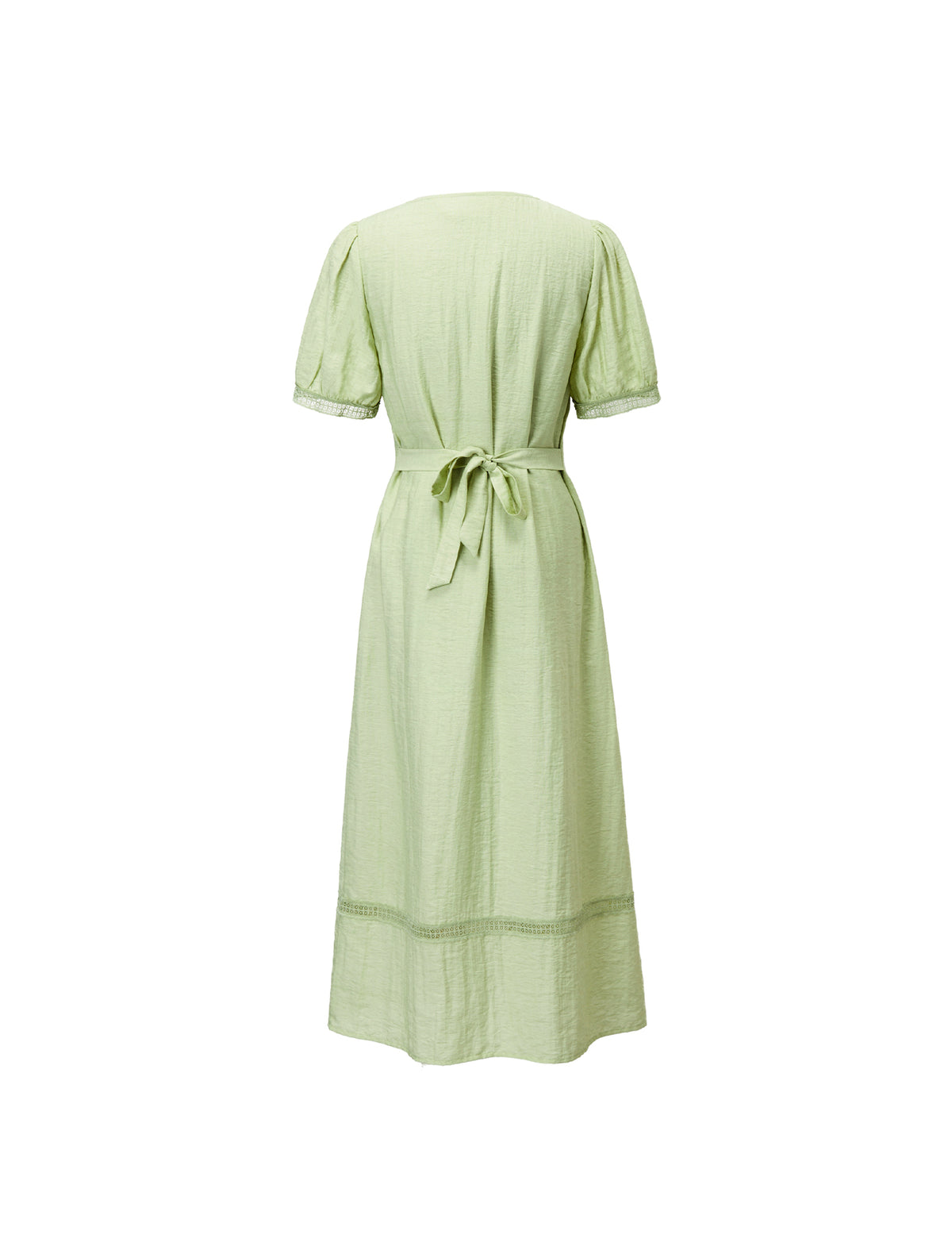 Puff Sleeve Pintuck Midi Dress with Lace Trim