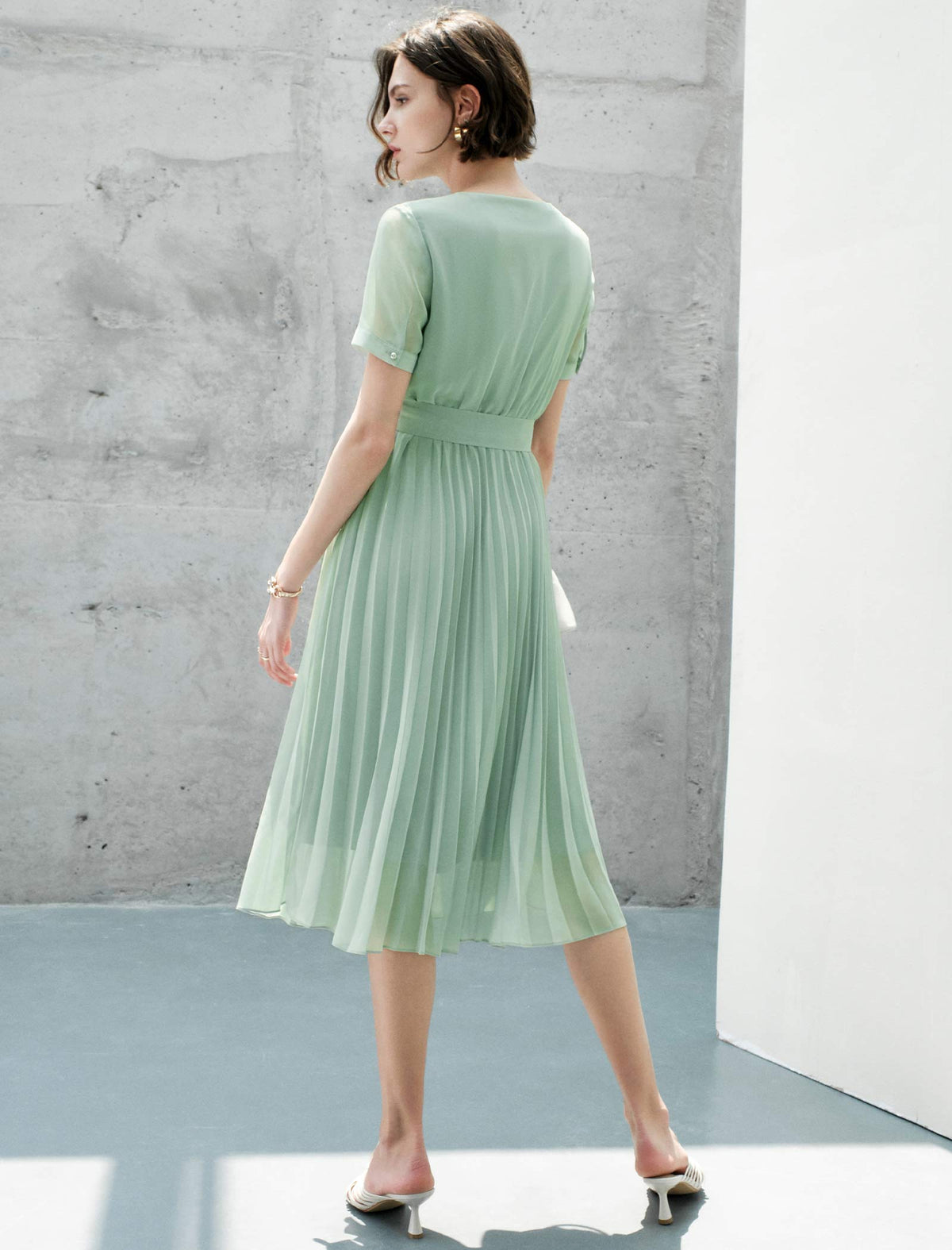 Waist-Cinched A-Line Pleated Short Sleeve Dress