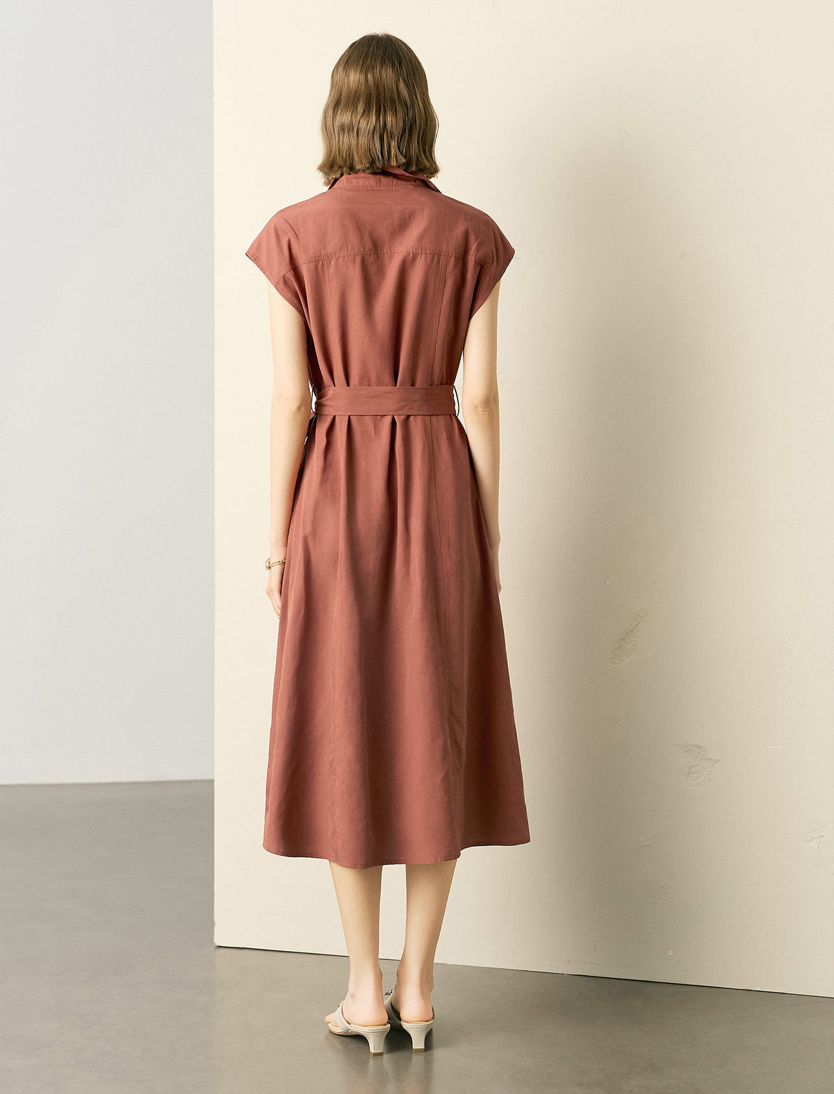 Zip-Up Collared Cap-Sleeve Belted Shirt Dress