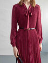 Burgundy Pleated Tie Neck Midi Dress