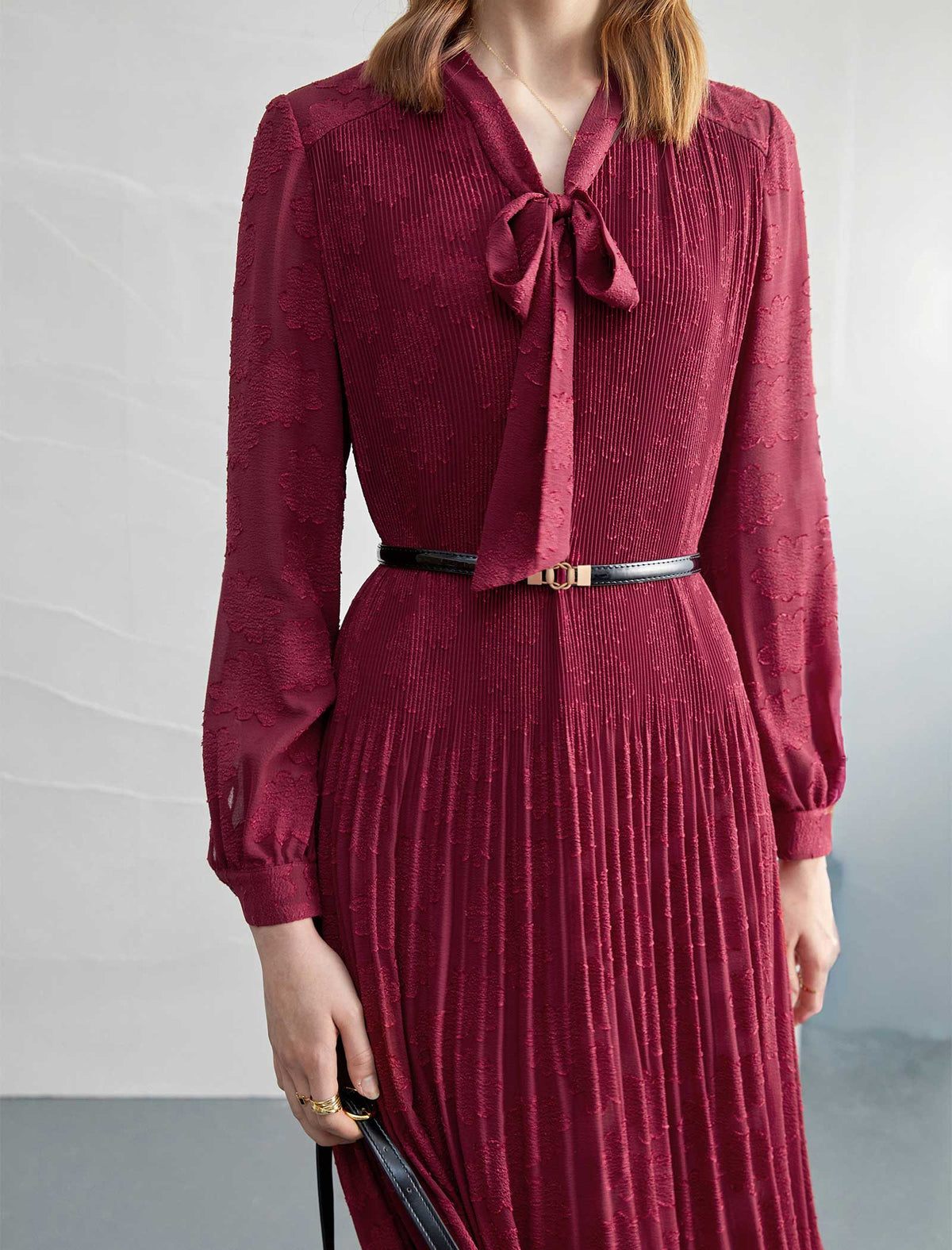 Burgundy Pleated Tie Neck Midi Dress