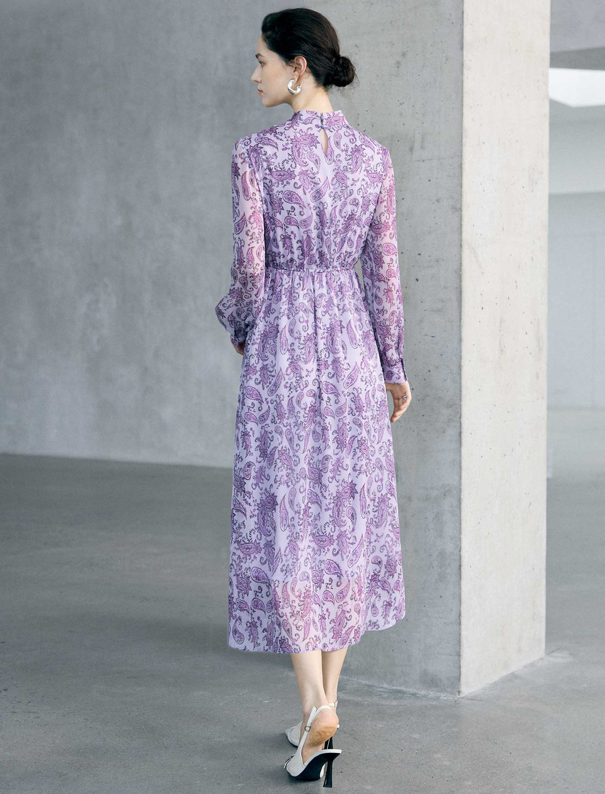 Floral Print Ruffle Neck Long Sleeve Midi Dress
