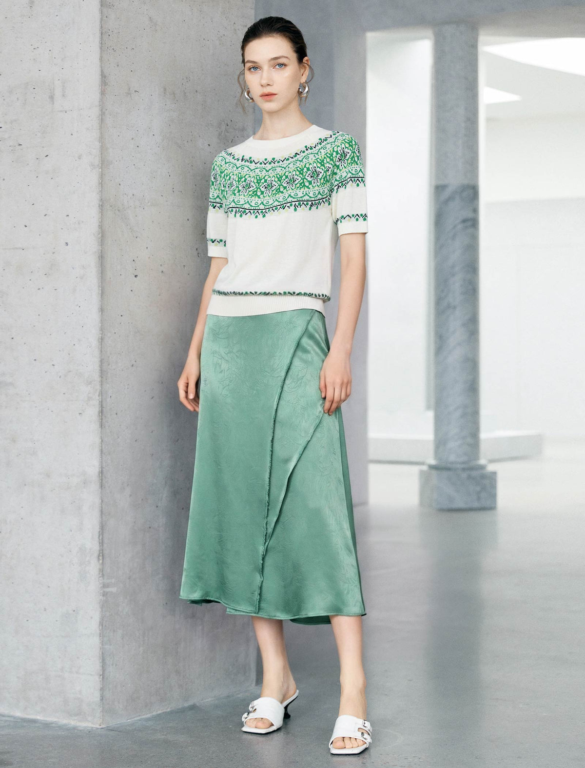 Sage Green Embossed Satin Wrap Midi Skirt