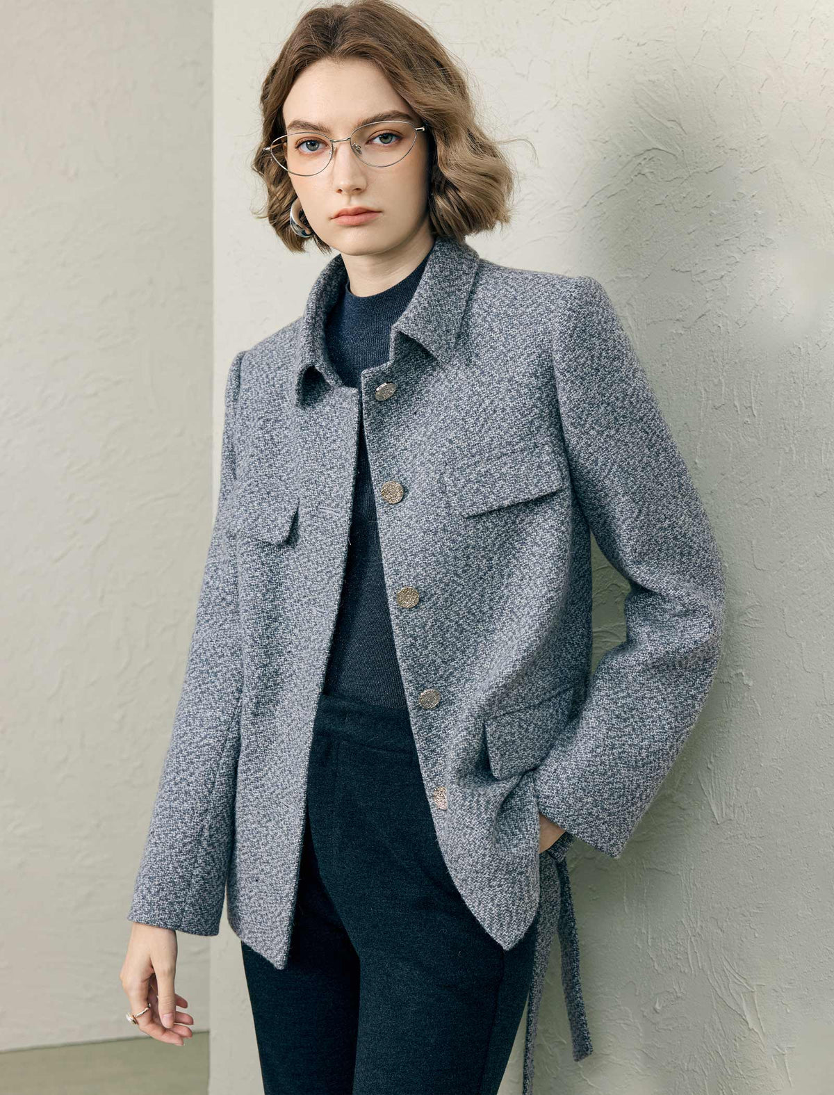 Wool Blend Textured Collared Belted Utility Jacket