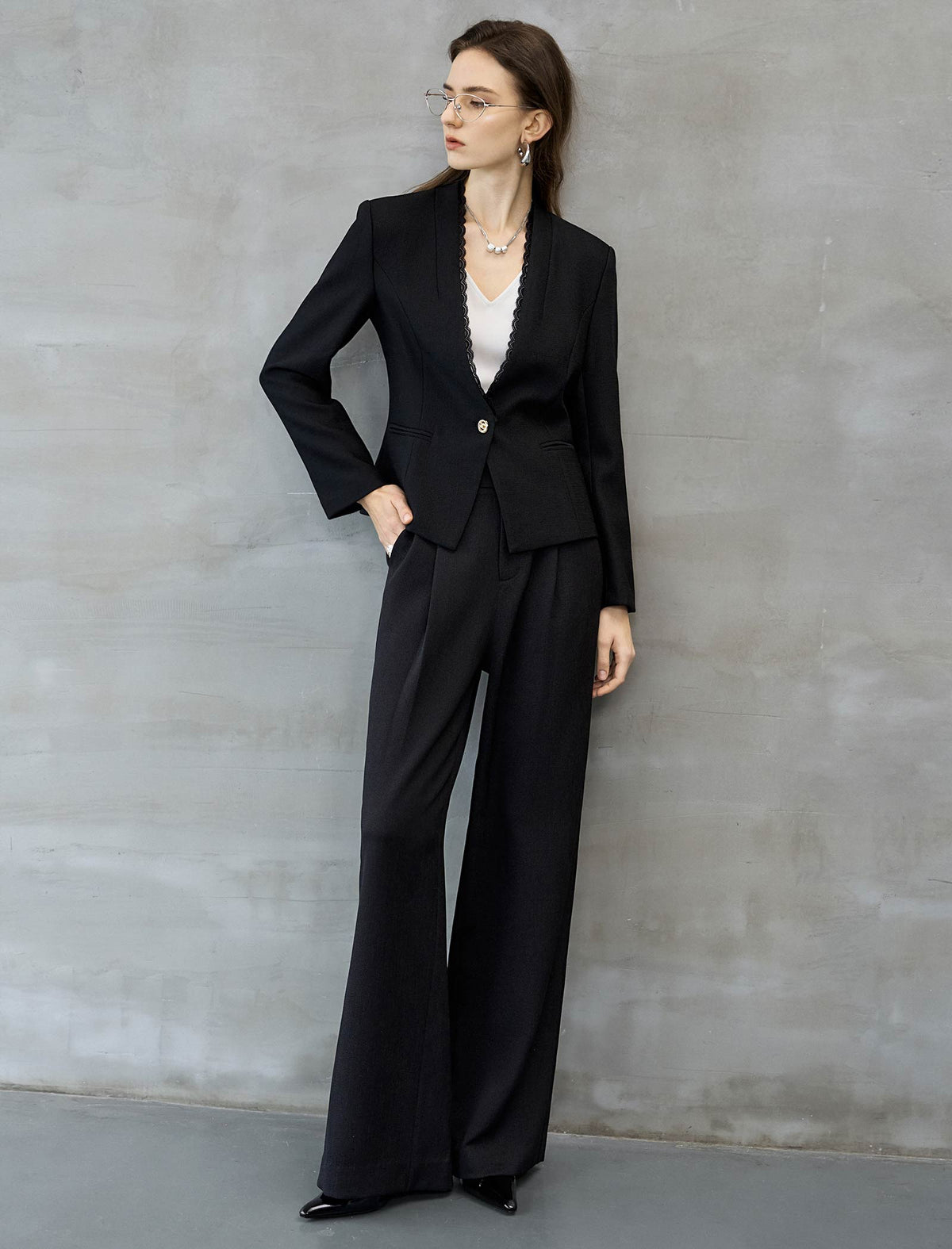 Lace Trim Collarless Blazer