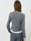 Stripe Long-Sleeve Notch-Neck Ruched Top