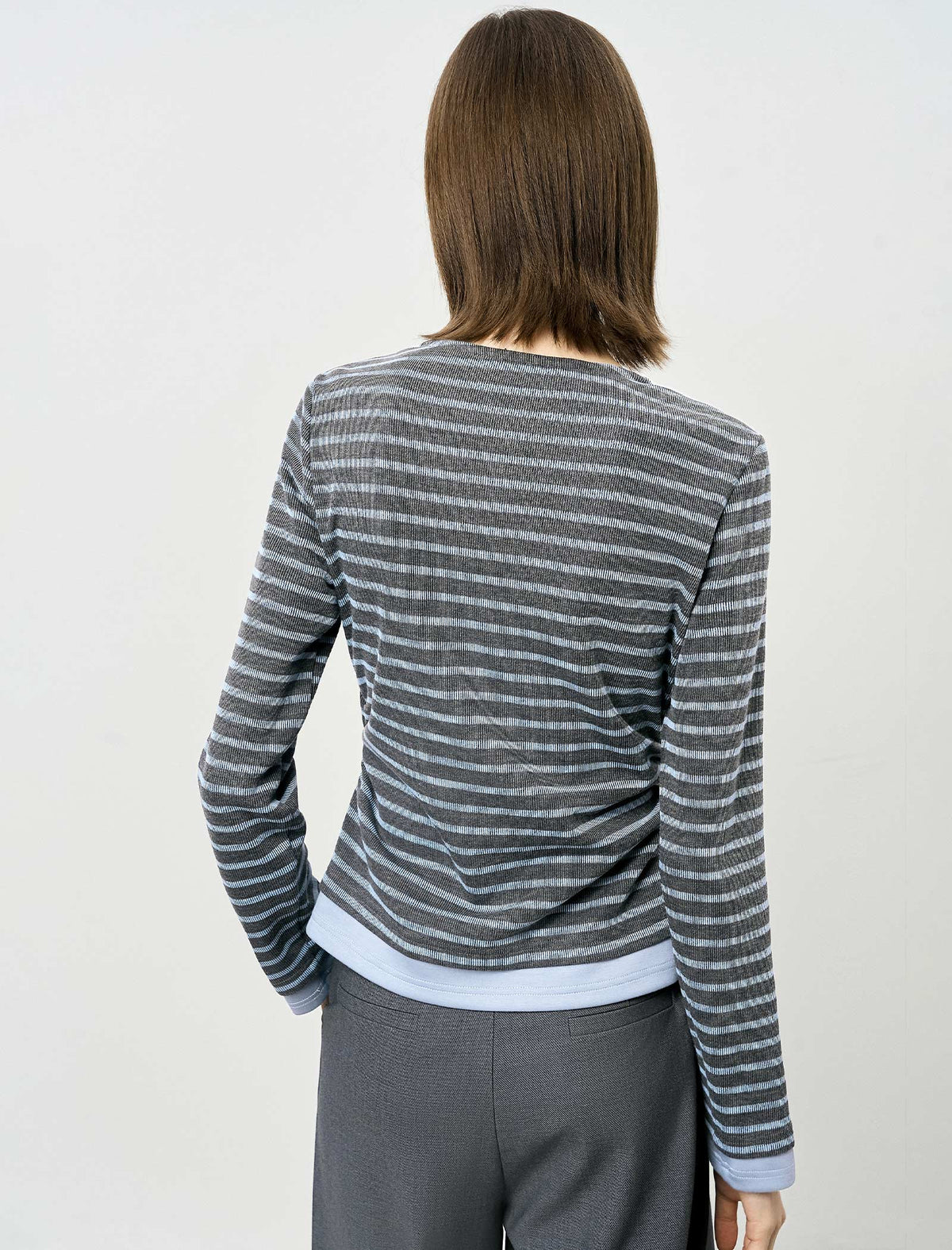 Stripe Long-Sleeve Notch-Neck Ruched Top