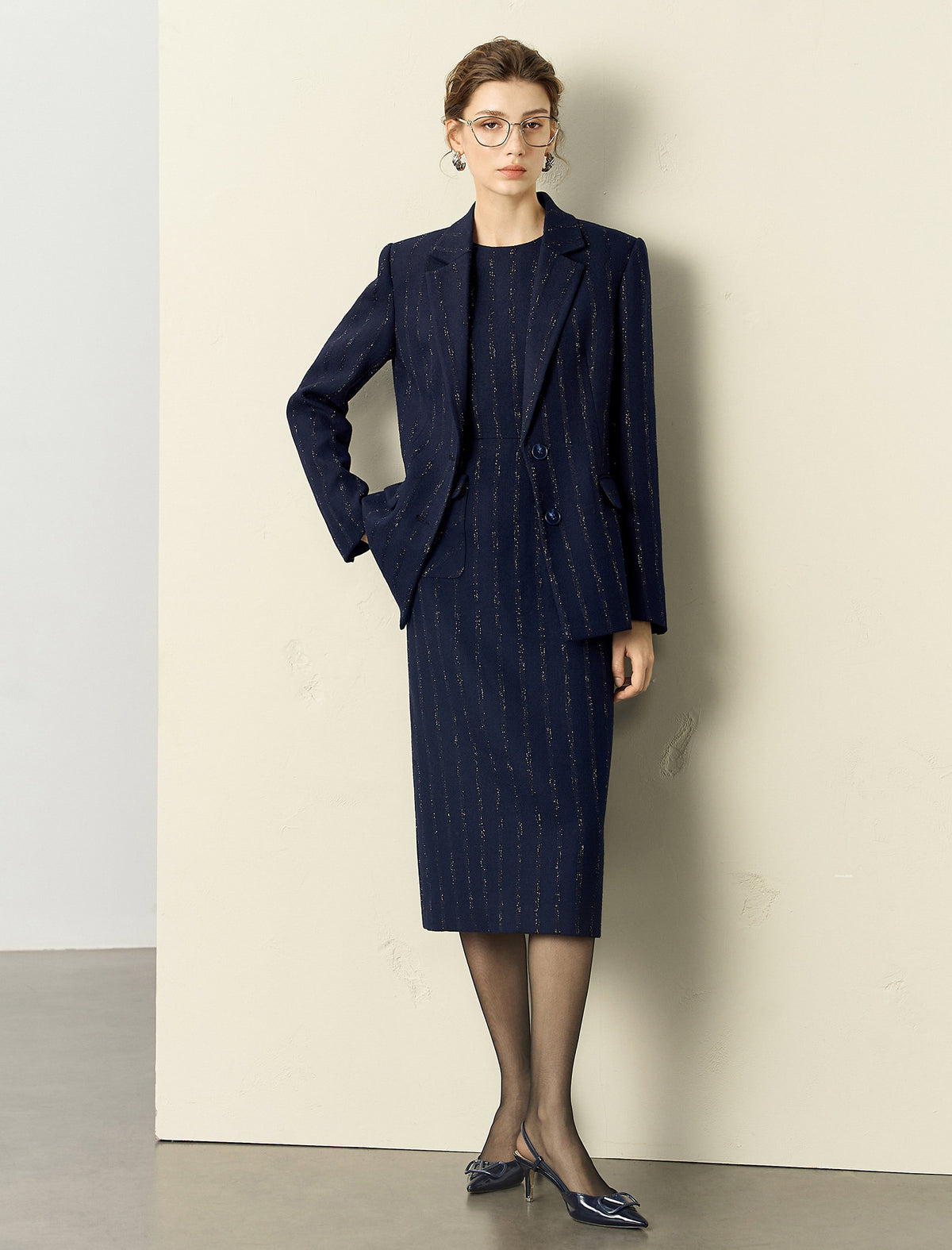 Wool Blend Pinstripe Sleeveless Sheath Midi Dress