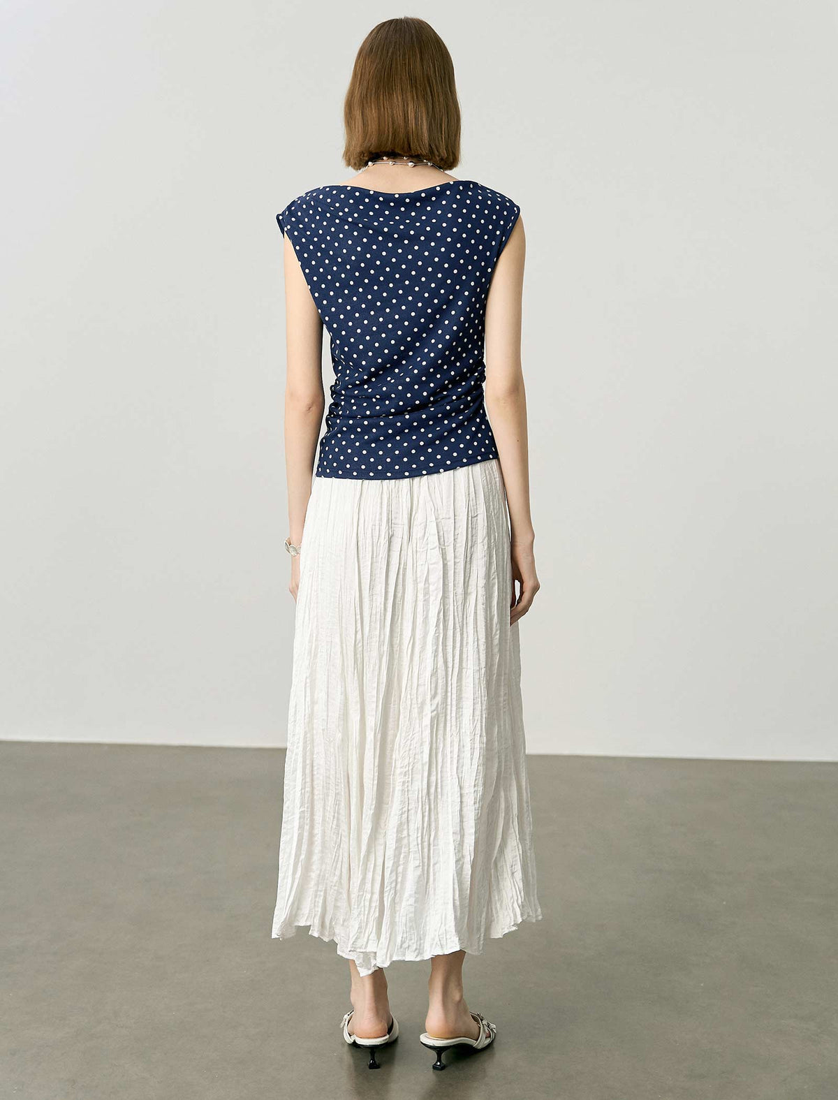 Navy Blue Polka Dot Cowl Neck Knit Top