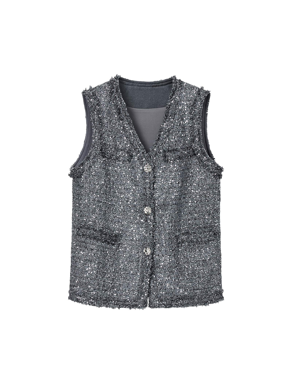 Sparkle Tweed V Neck Sleeveless Fringe Trim Vest
