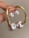 Gold Crescent And Pearl Drop Hoop Earrings