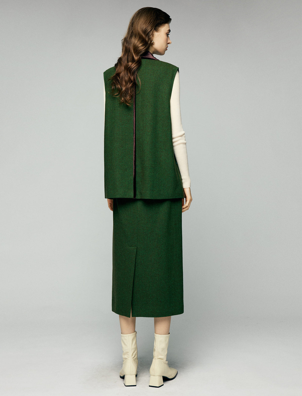 Wool Blend Contrast-Pocket High-Waist Slit Straight Midi Skirt