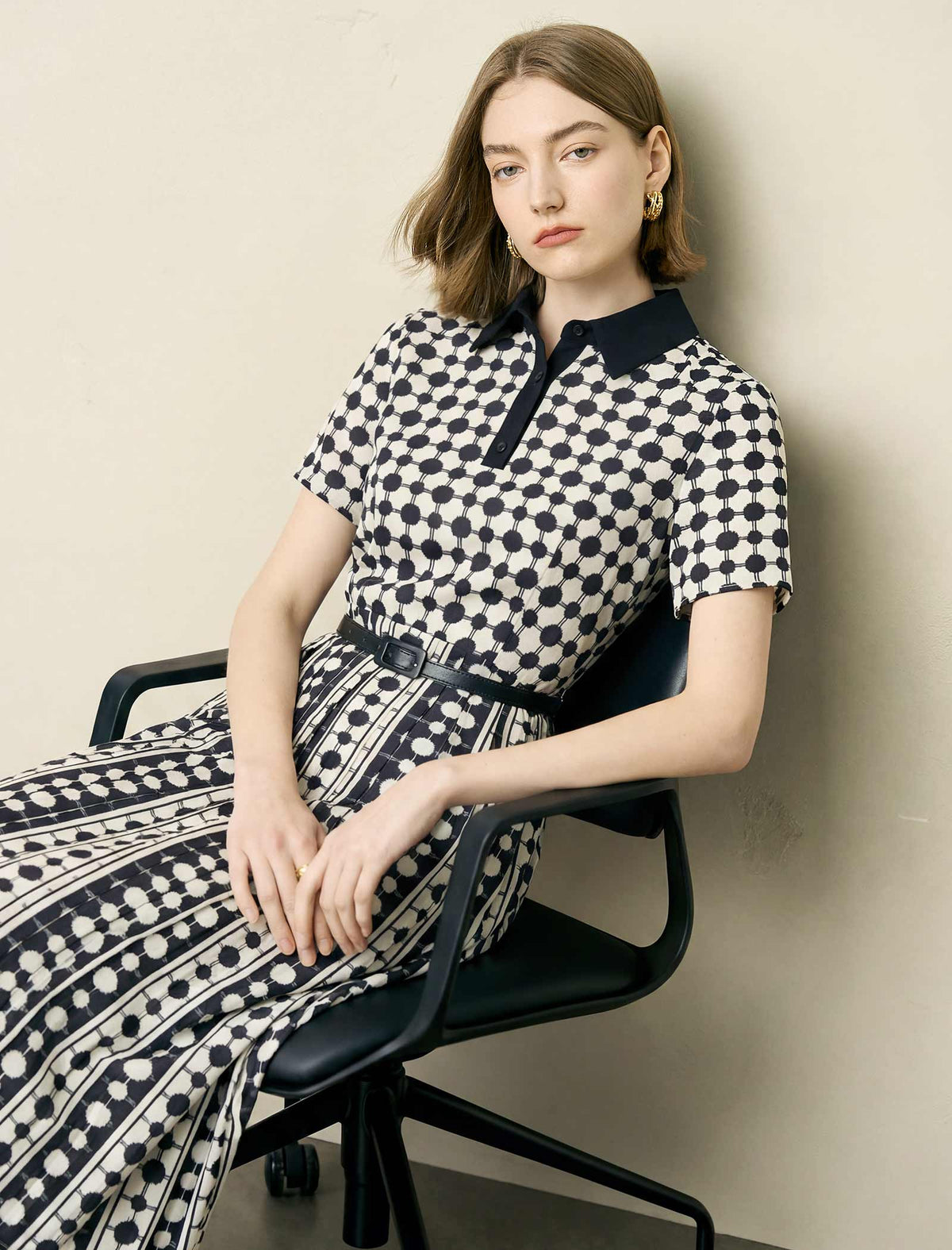 Polka Dot Print Collared Pleated Midi Shirt Dress