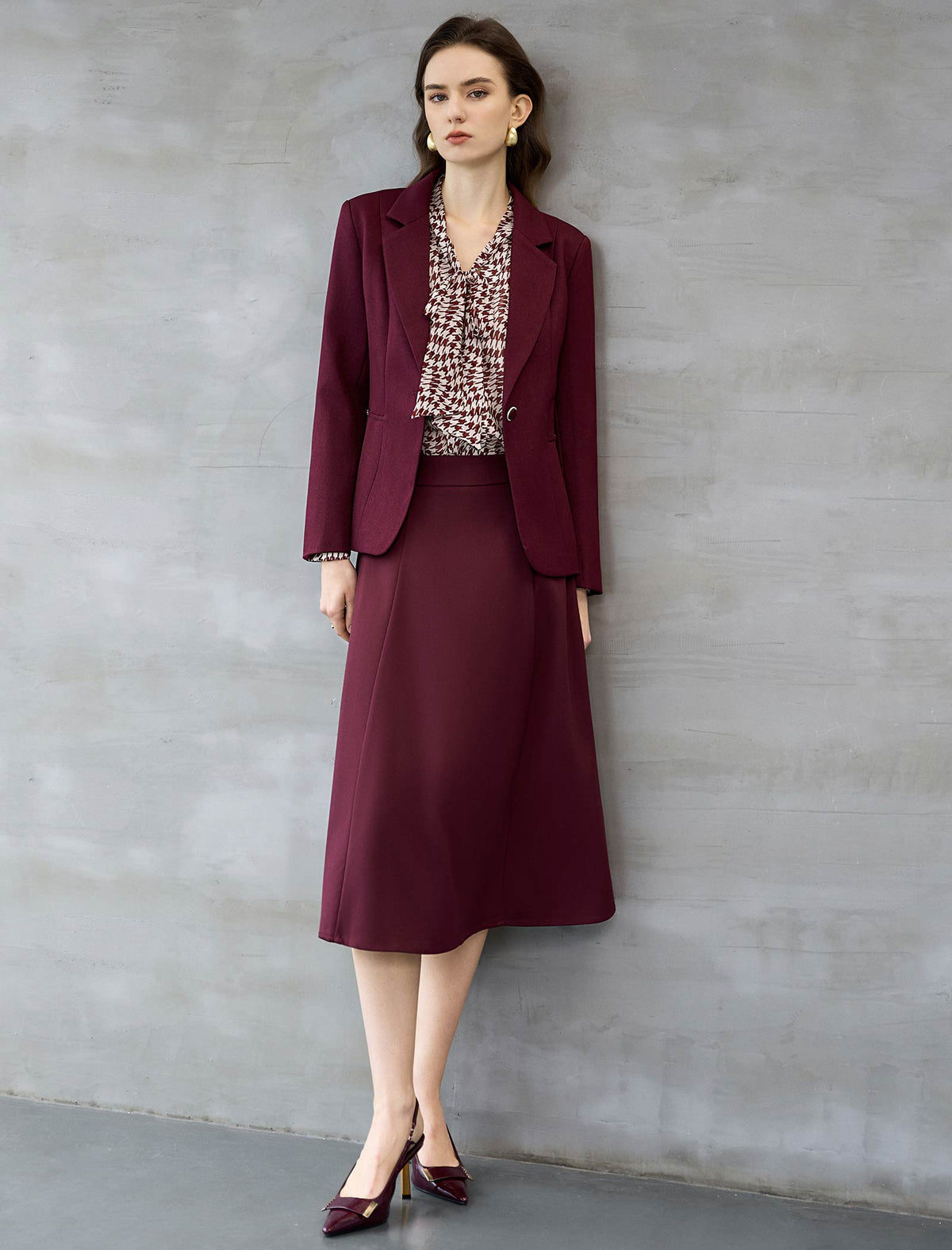 Houndstooth Tie-Neck Blouse