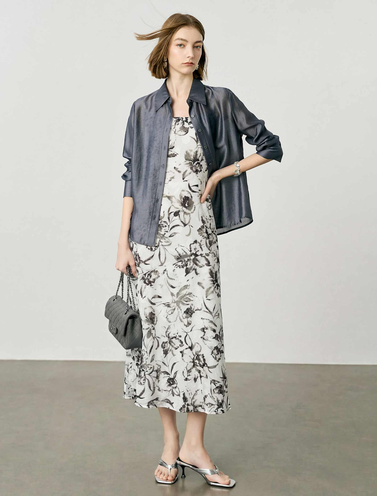 Watercolor Floral Print Slip Midi Dress