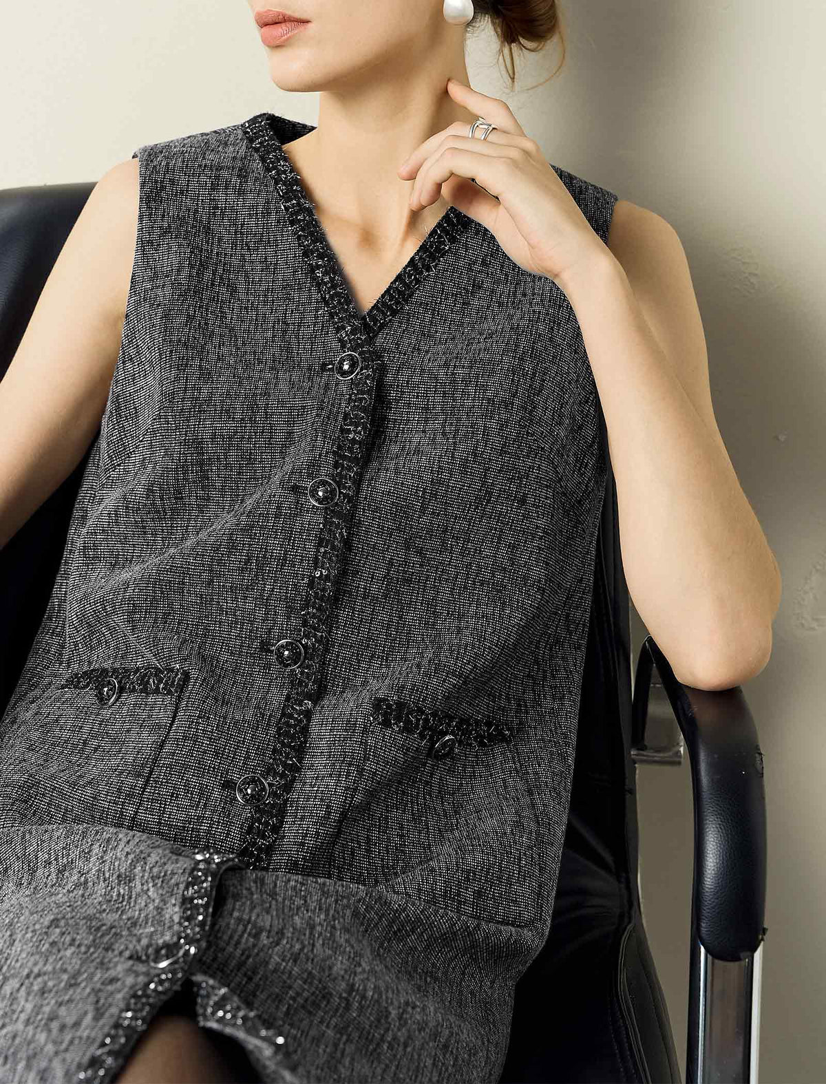 Tweed Sleeveless V-Neck Dress with Trim