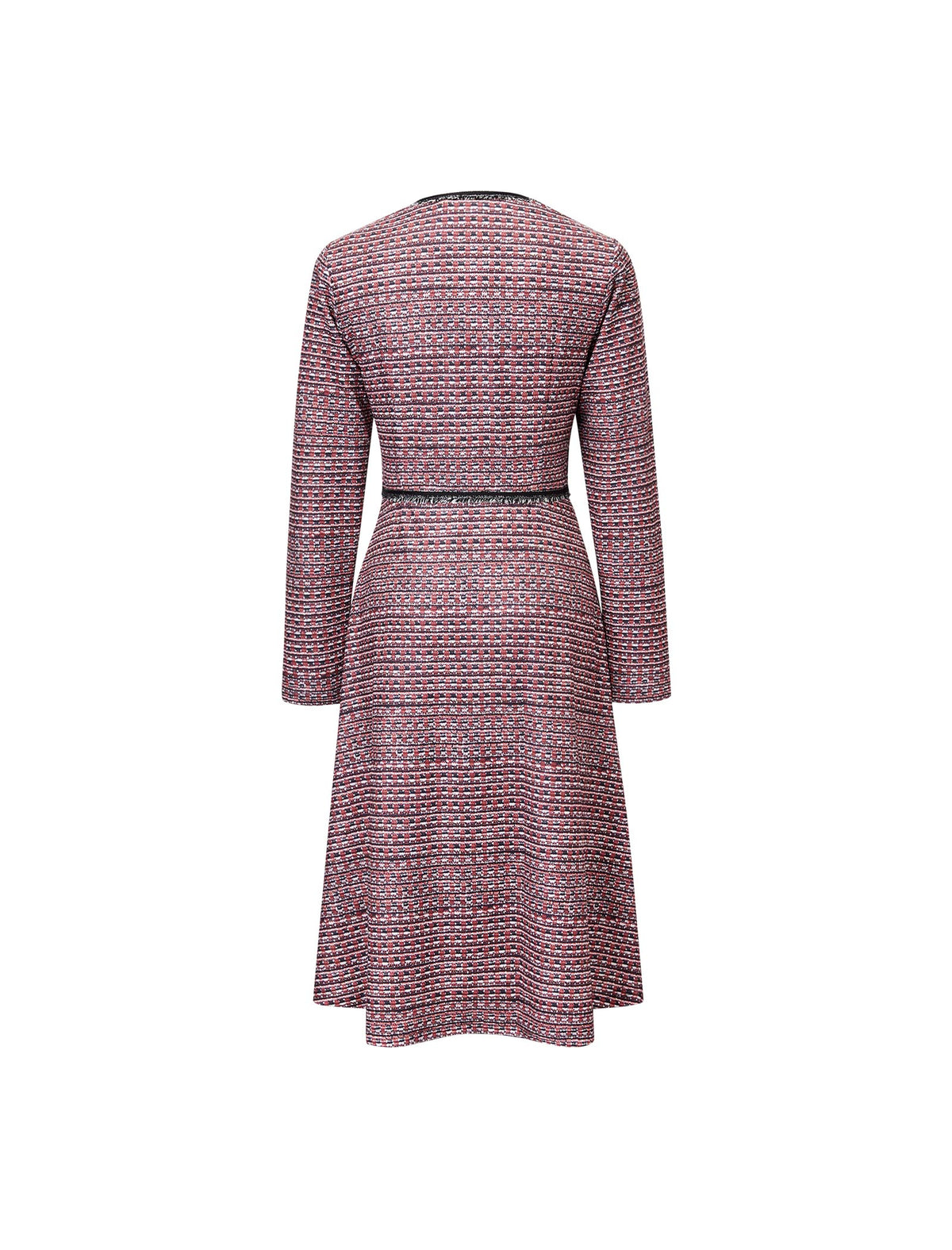 Jacquard Plaid V-Neck Long Sleeve Pearl-Button A-Line Dress