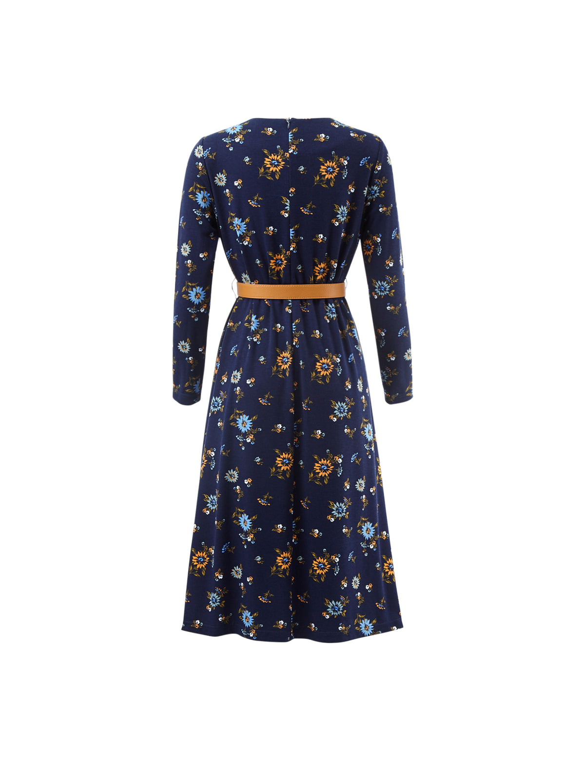 Floral Print Crewneck Belted Dress