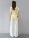 Yellow Geometric Print Tencel-Linen Drawstring Waist Blouse