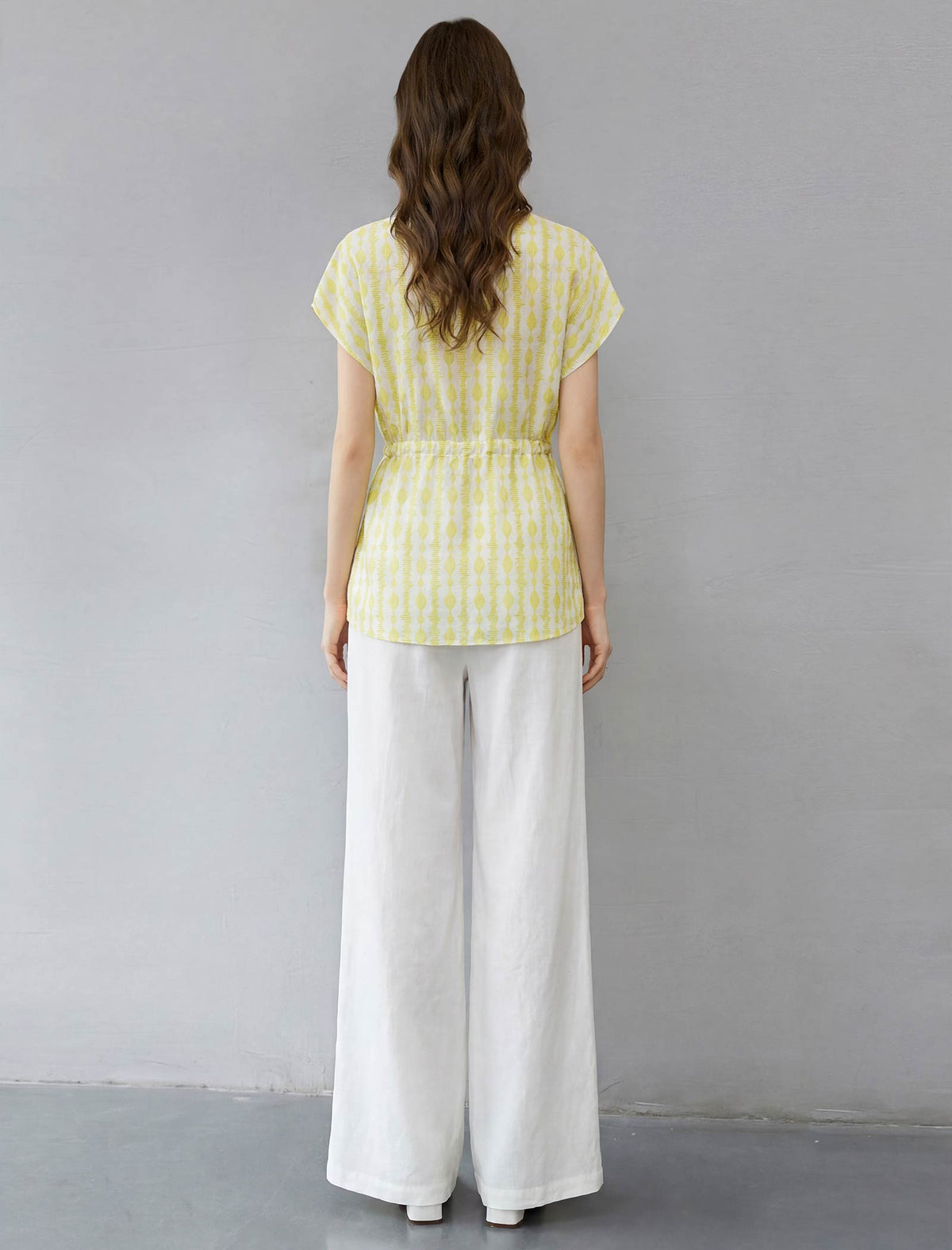 Yellow Geometric Print Tencel-Linen Drawstring Waist Blouse
