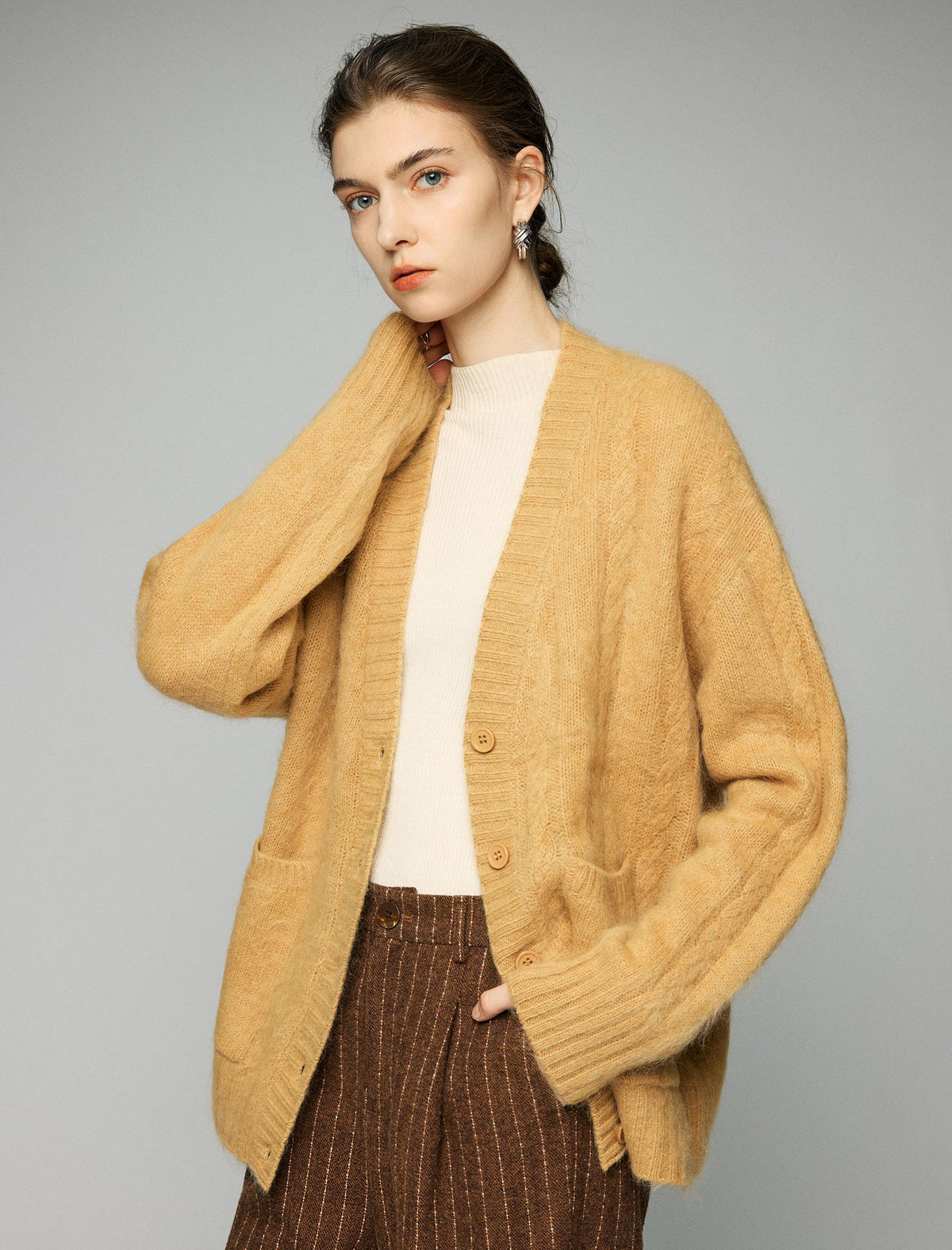 Wool And Mulberry Silk Blend V-Neck Relaxed Button Cardigan