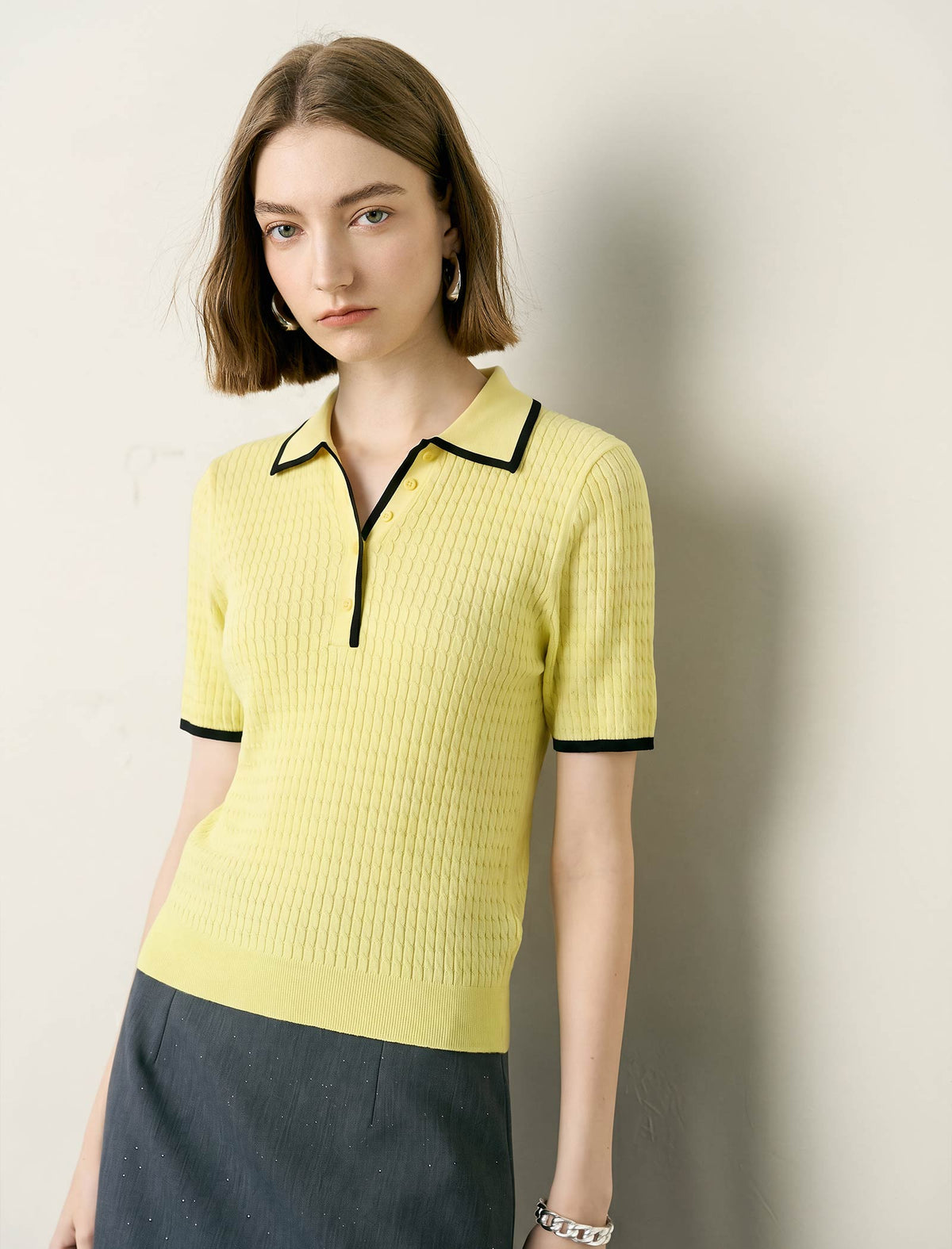 Contrast Trim Textured Knit Polo Short Sleeve Top