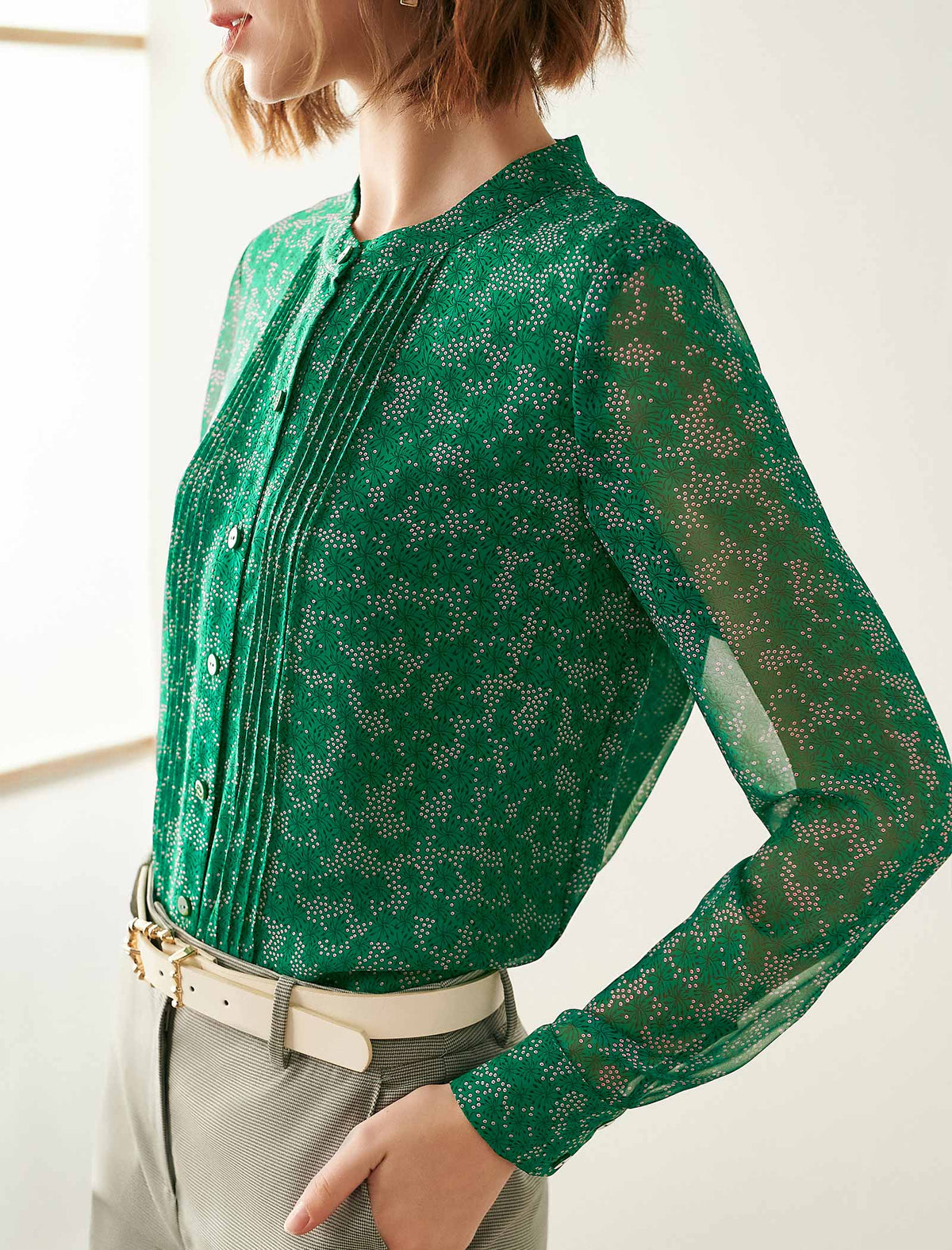 Emerald Green Ditsy-Print Pleated Blouse