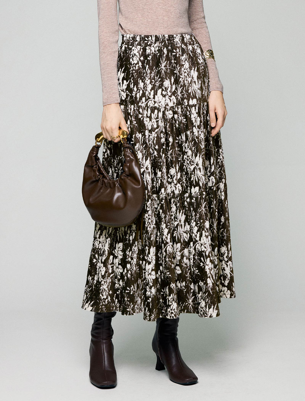 Watercolor Floral Tiered Elastic-Waist A-Line Midi Skirt