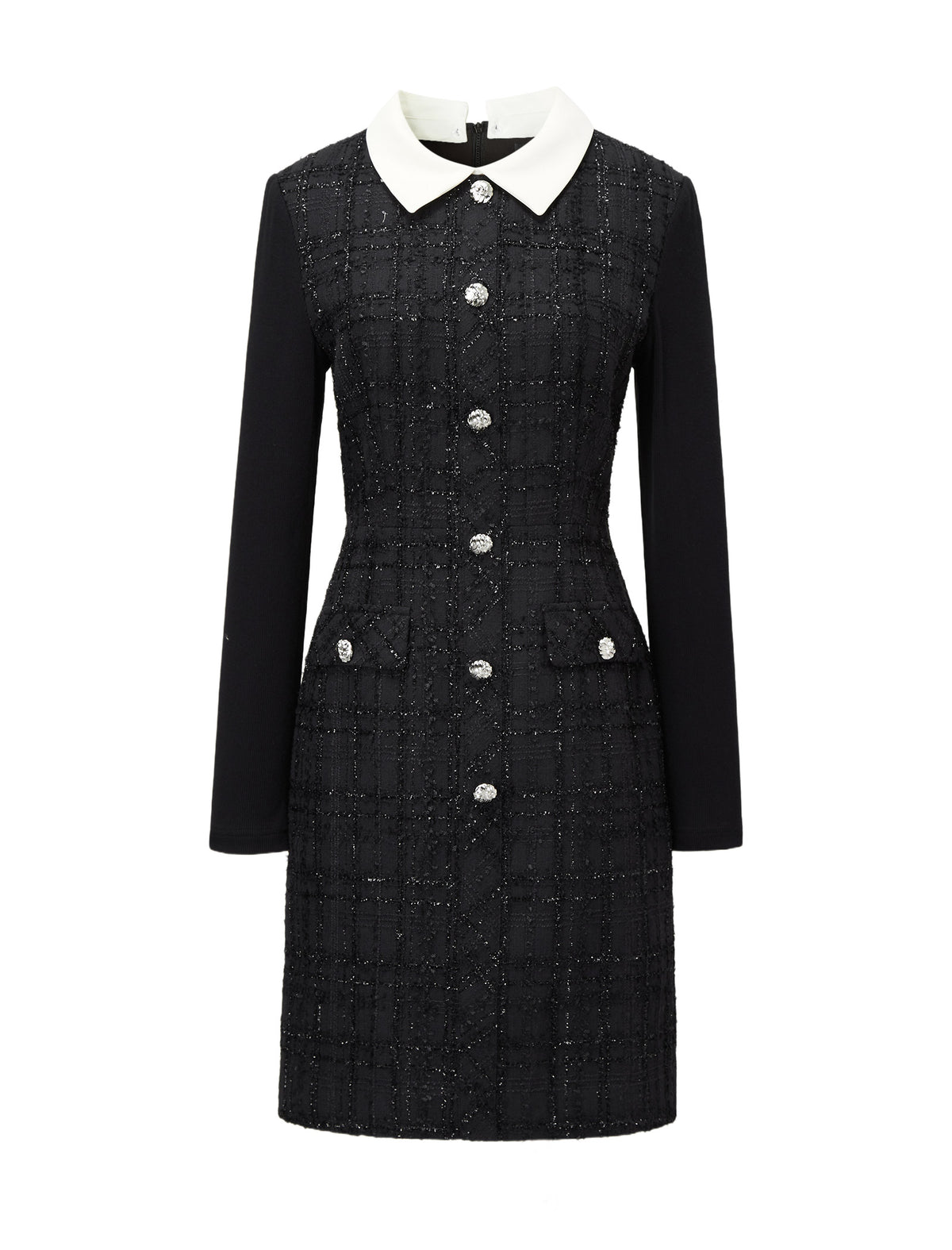 Doll Collar Waist-Defining Long-Sleeve Short Dress