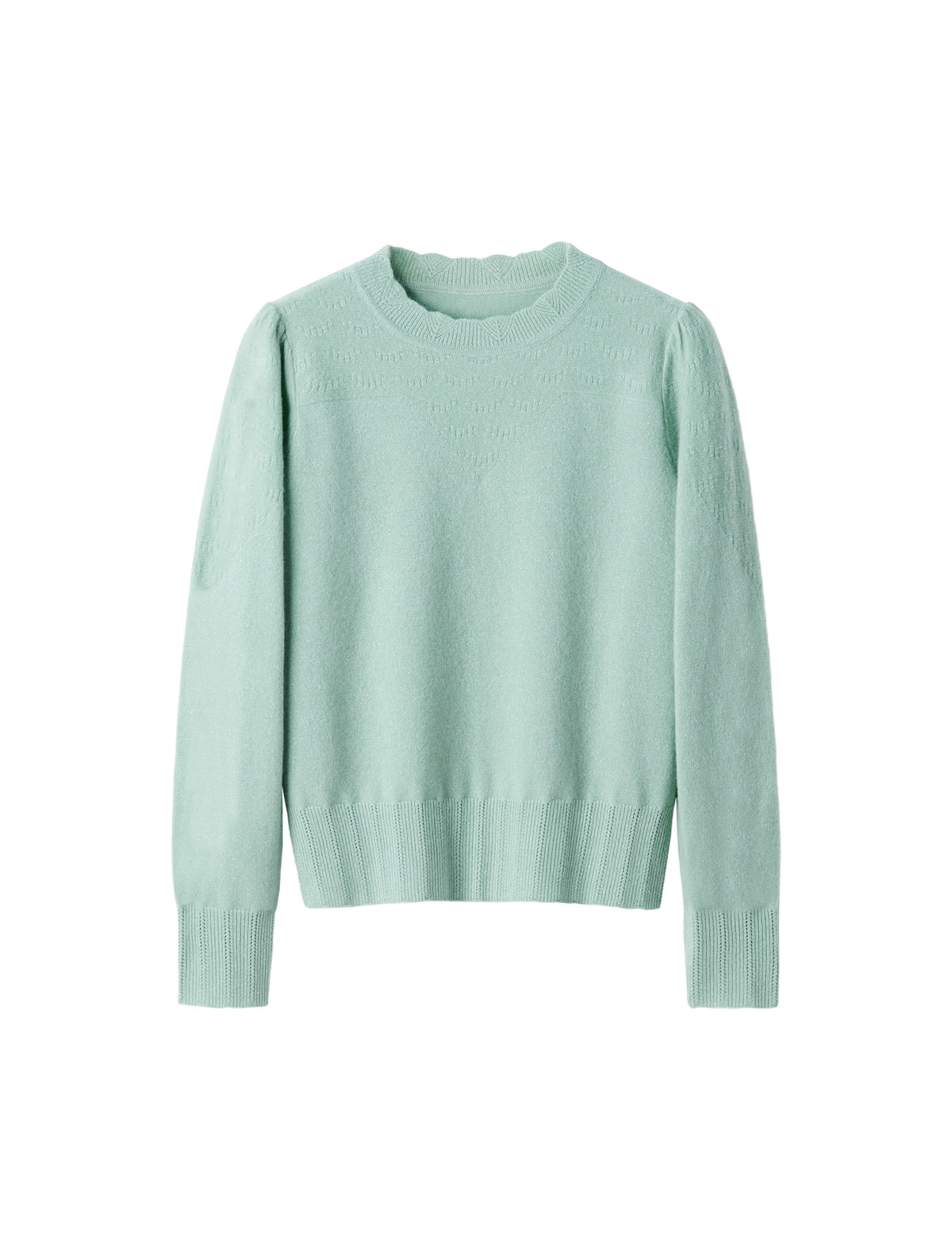 Wool Blend Eyelet Scalloped Stand-Collar Knit Top