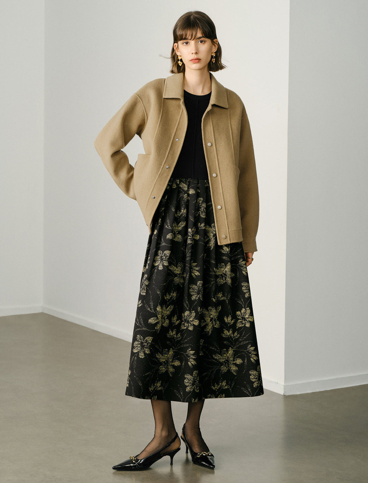 Floral Print Long-Sleeve Mixed-Media Midi Dress